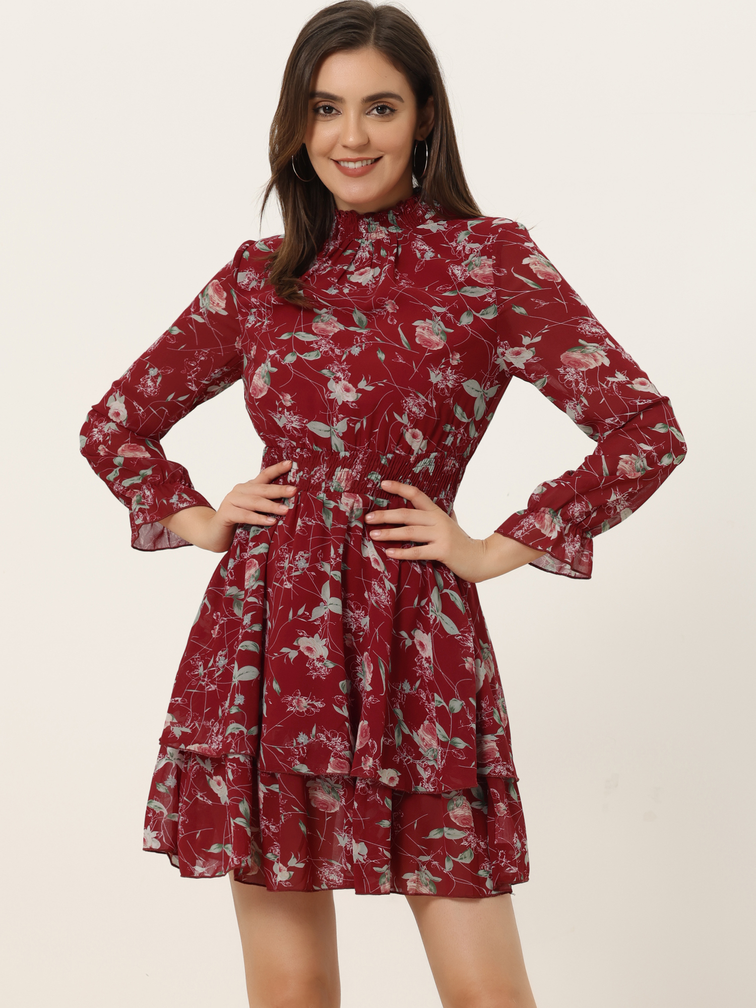 Floral Chiffon Long Sleeve Mock Neck Ruffle Layered Mini Dress Red/XL