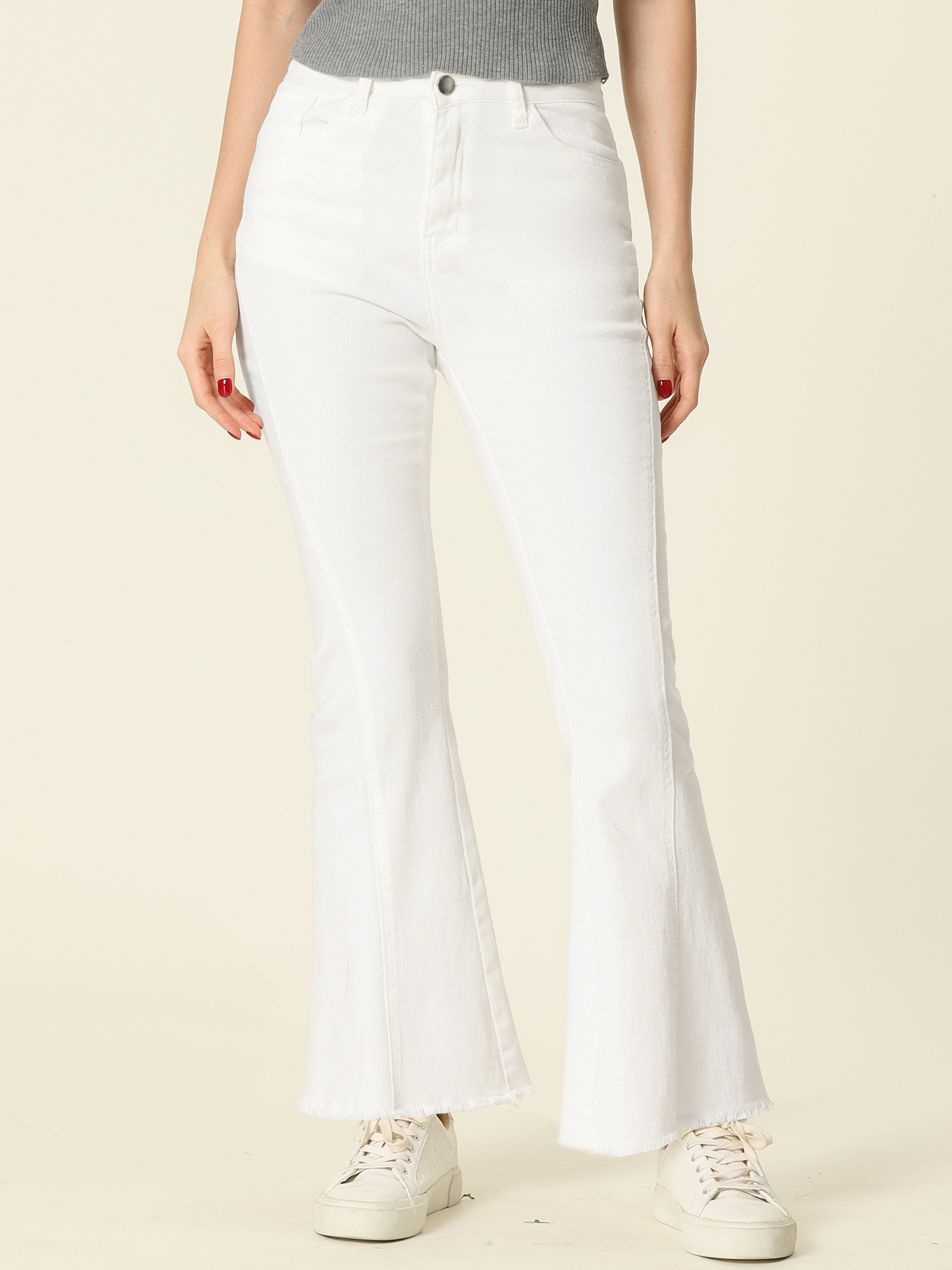 High Waist Stretch Denim Long Bell Pants Flare Jeans White/XS