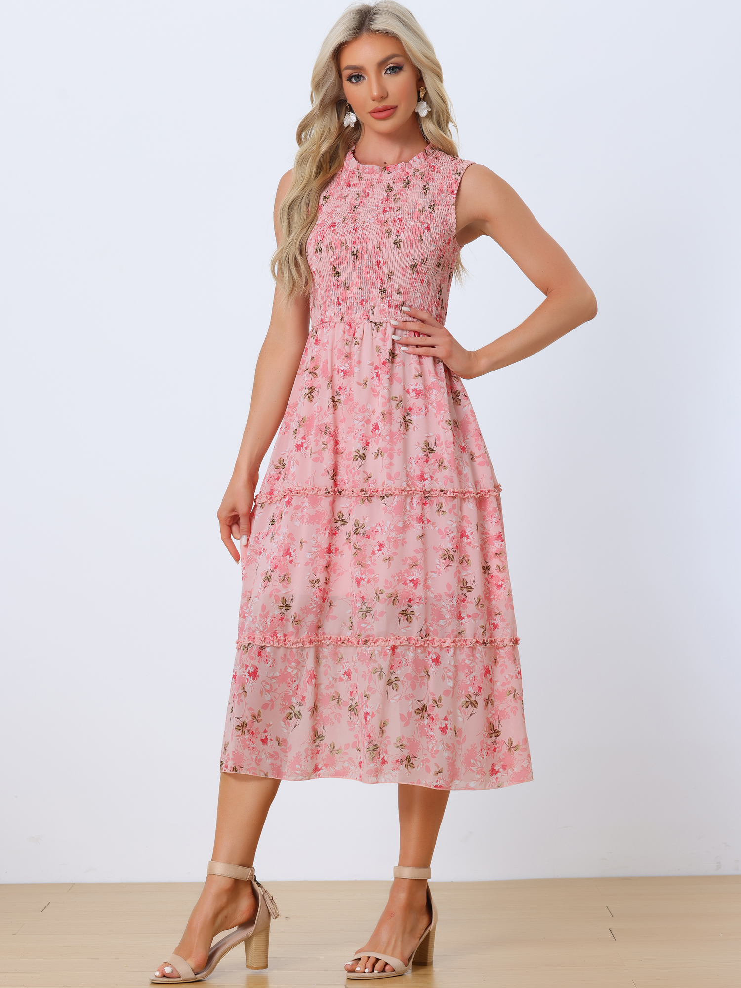 Sleeveless Floral Ruffles Crew Neck Chiffon Smocked Dress Sundress Pink/XL