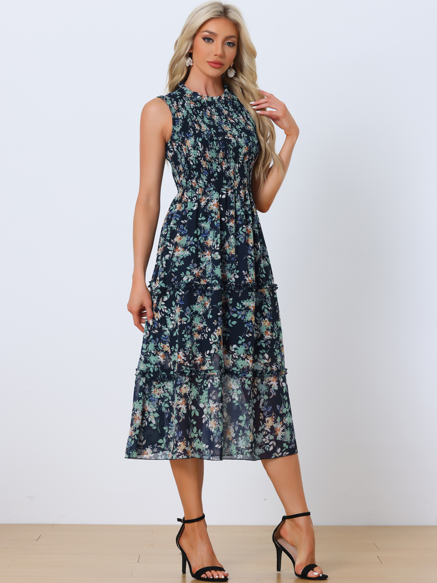 Sleeveless Floral Ruffles Crew Neck Chiffon Smocked Dress Sundress Dark Blue/L