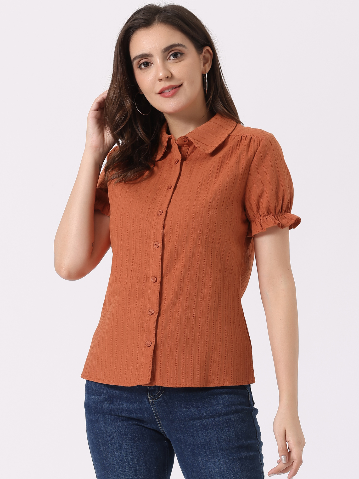 Cotton Frilled Top Turndown Collar Solid Blouse Shirt Brown Red/S