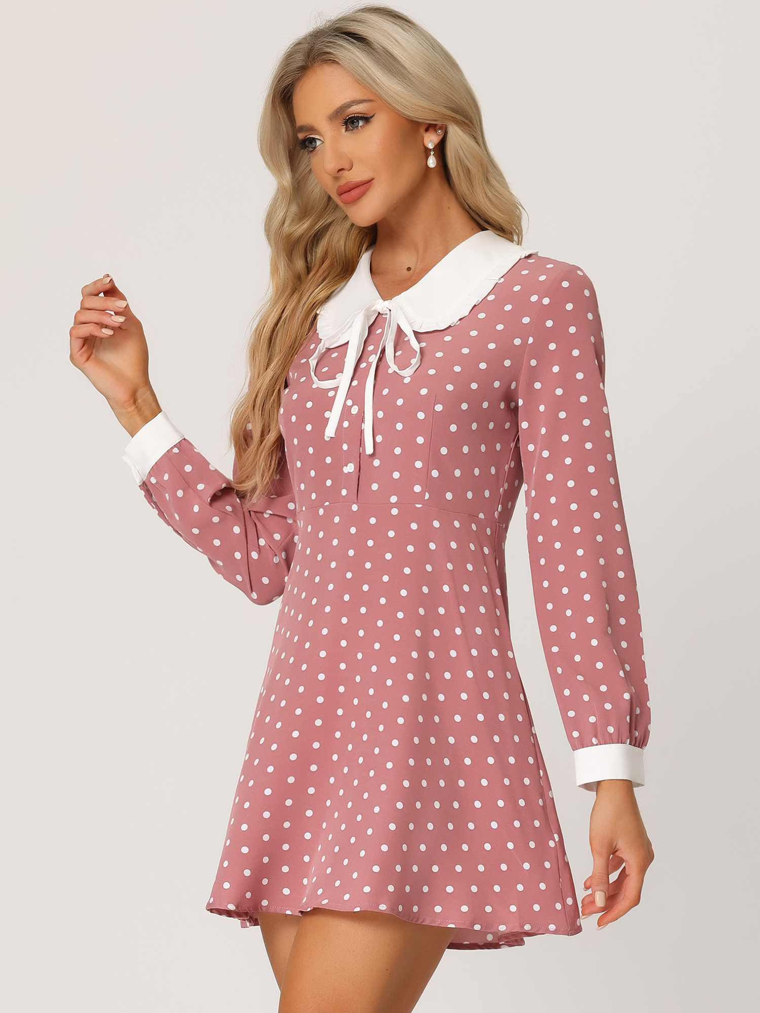 Polka Dots Sweet Tie Neck Contrast Peter Pan Collar Dress Pink/L