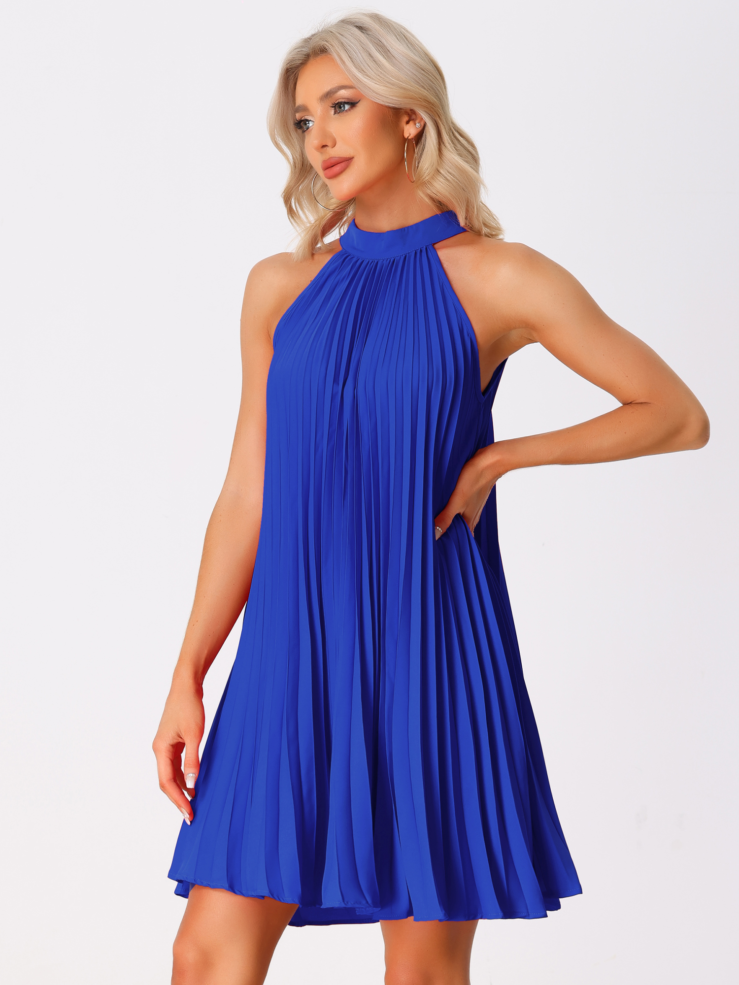 Halter Neck Pleated Sleeveless Casual Mini Smock Dress Blue/M
