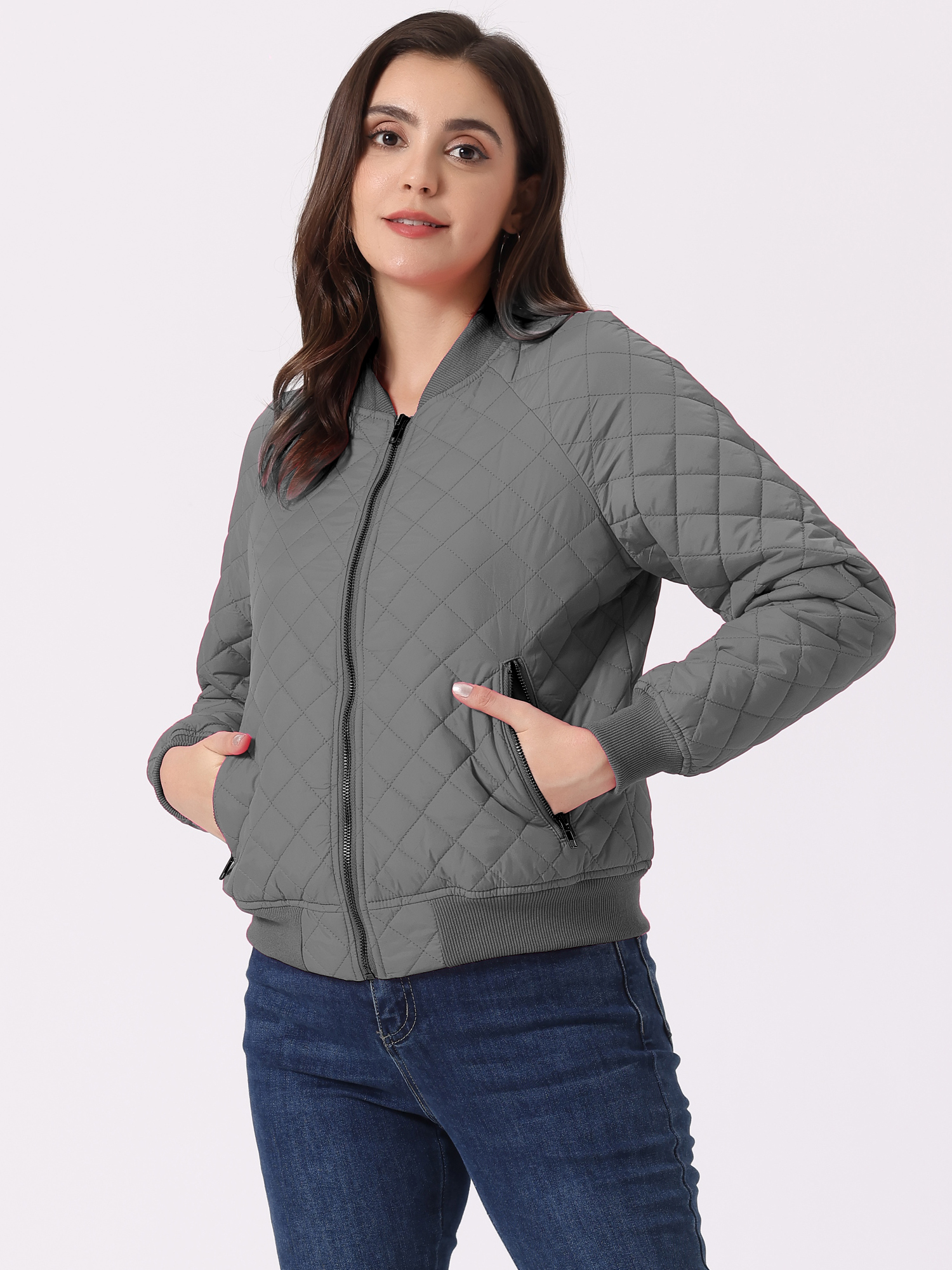 Casual Zip Up Raglan Long Sleeve Quilted Bomber Jacket Dark Gray/XS