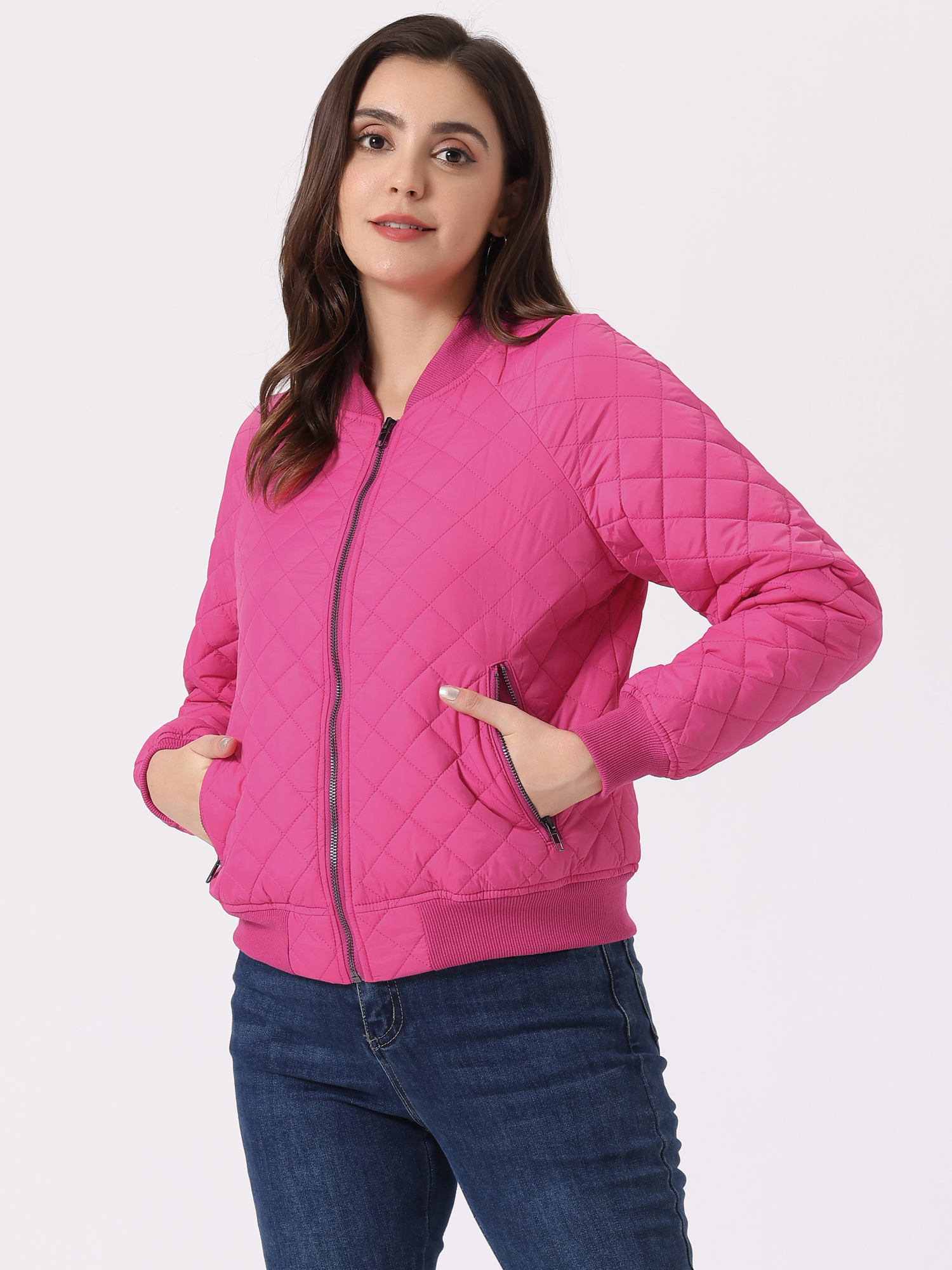 Casual Zip Up Raglan Long Sleeve Quilted Bomber Jacket Hot Pink/M
