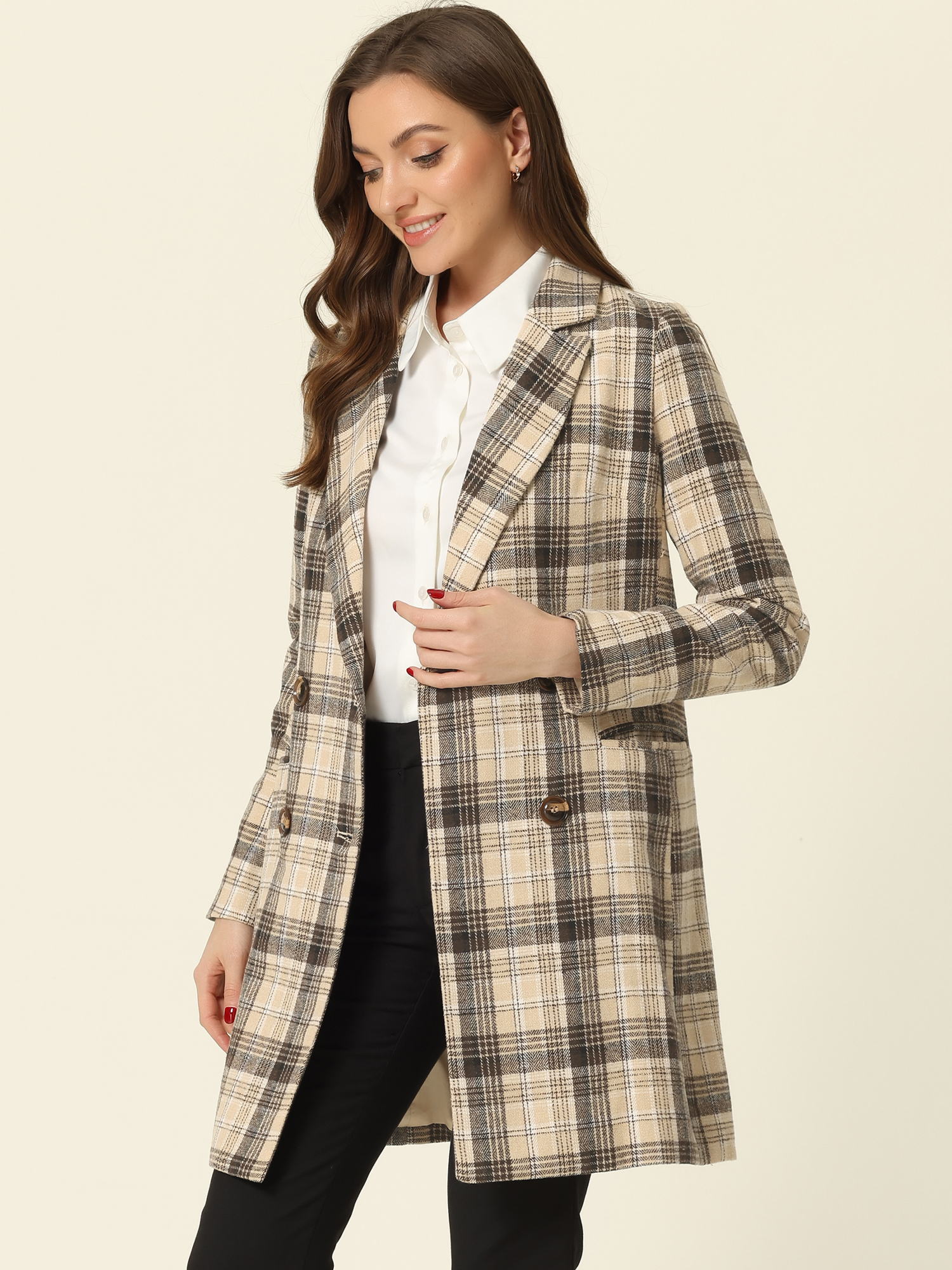 Double Breasted Notched Lapel Plaid Trench Blazer Coat Khaki/S