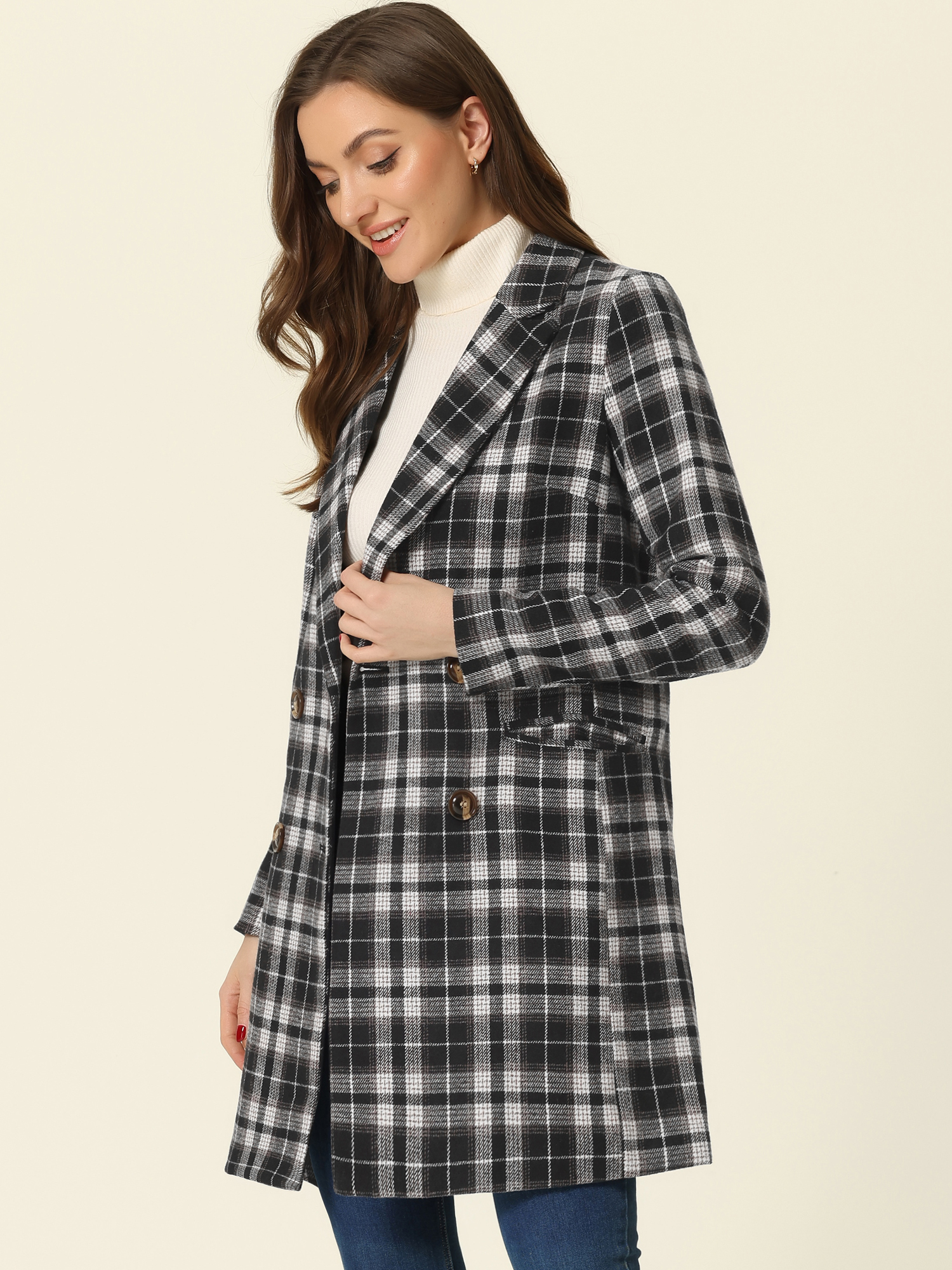 Double Breasted Notched Lapel Plaid Trench Blazer Coat Black/S