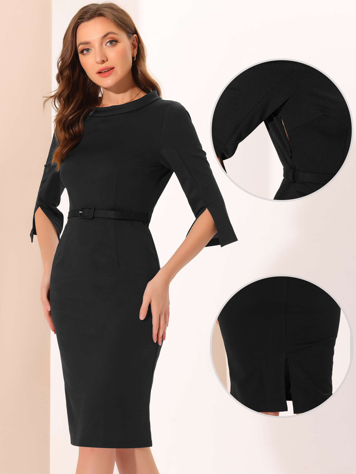 Office 3/4 Sleeves Belted Mock Neck Pencil Midi Dress Black/S