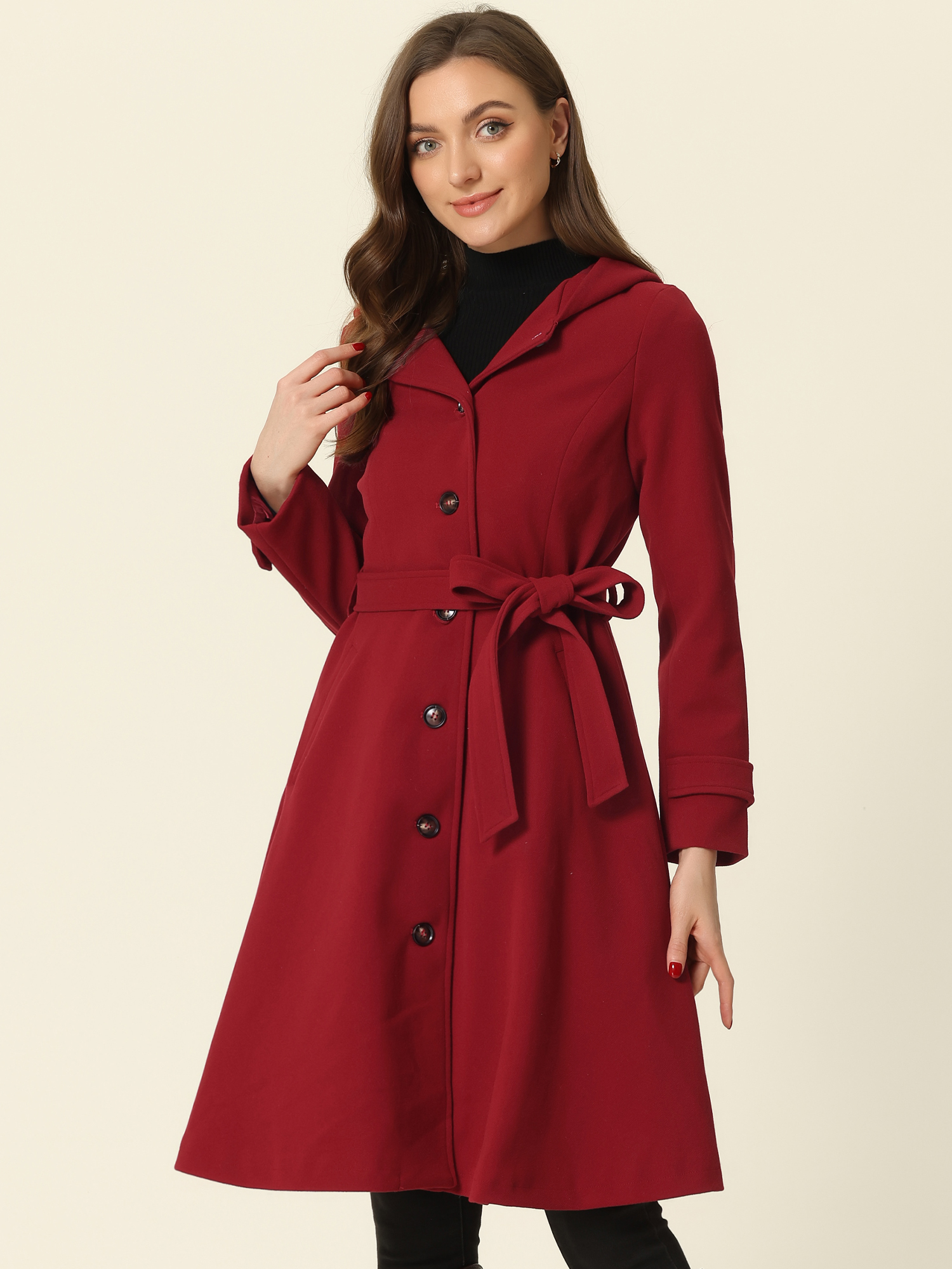 Single Breasted Belted Hooded Winter Pockets Coat Red/XS