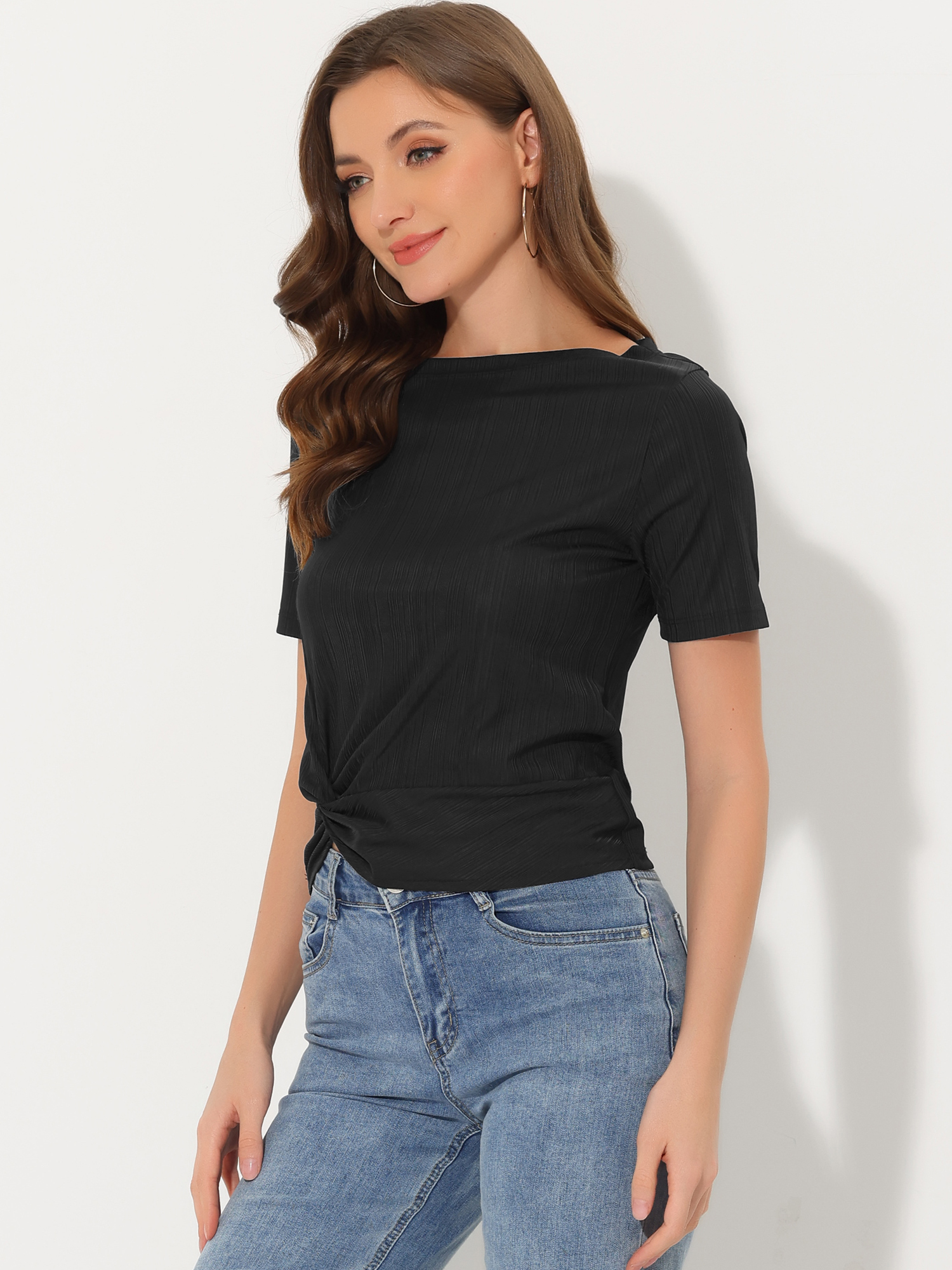 Casual Round Neck Short Sleeve Twist Knot Tee T-Shirt Black/XS