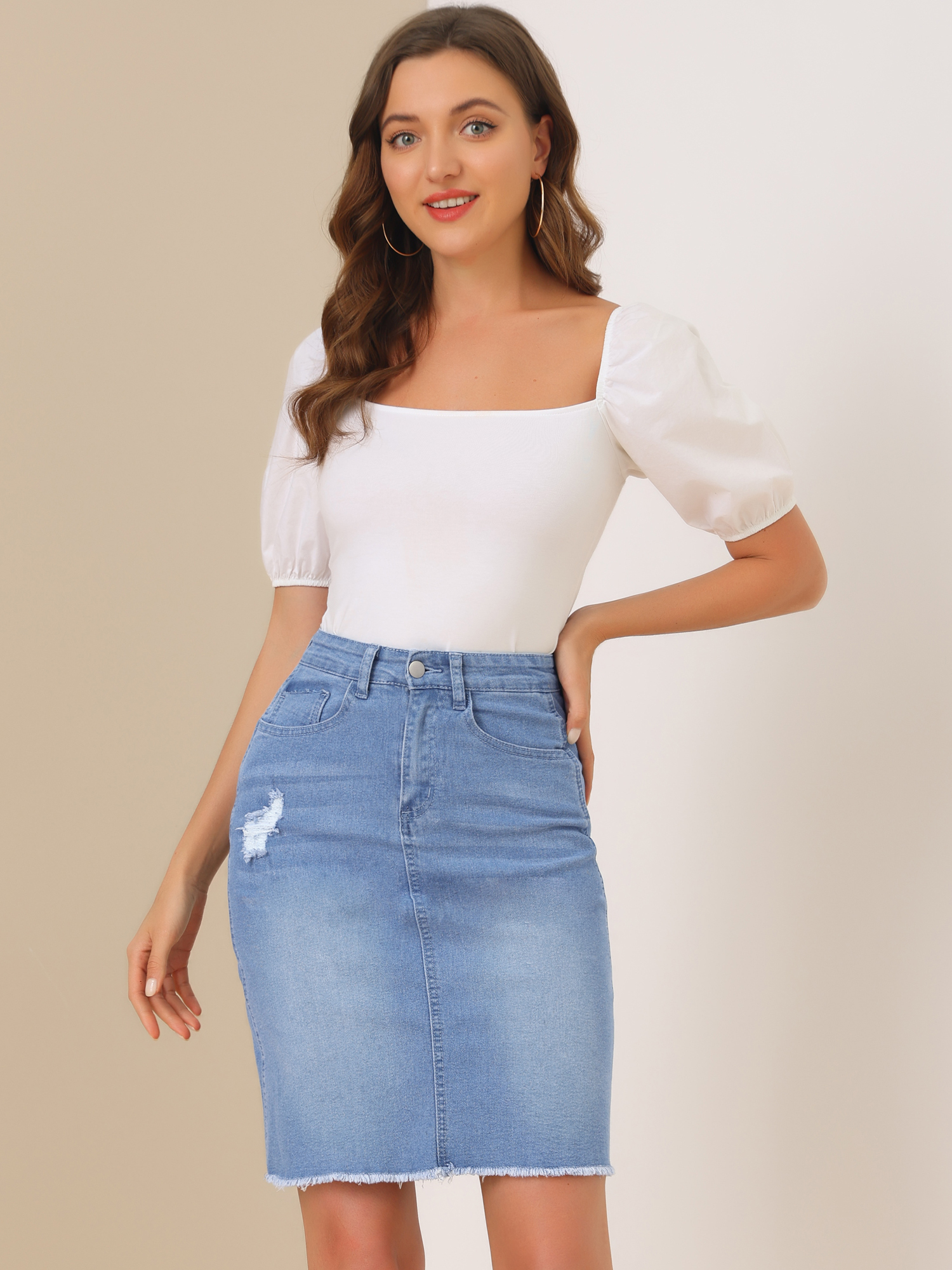 Basic Distressed High Waist Ripped Hem Washed Jeans Denim Skirt Sky Blue/2XL