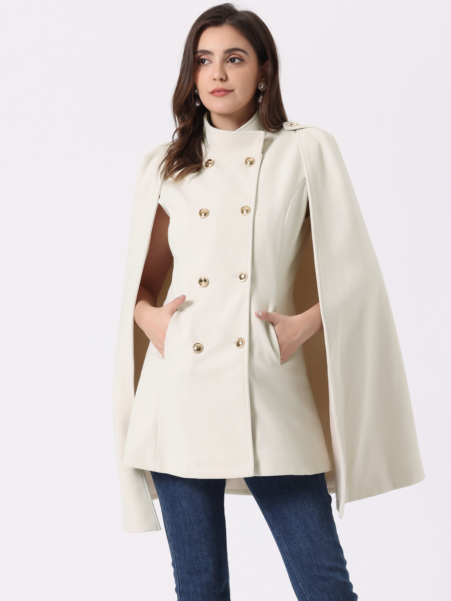 Winter Slit Sleeve Double Breasted Cloak Cape Coat Beige/S