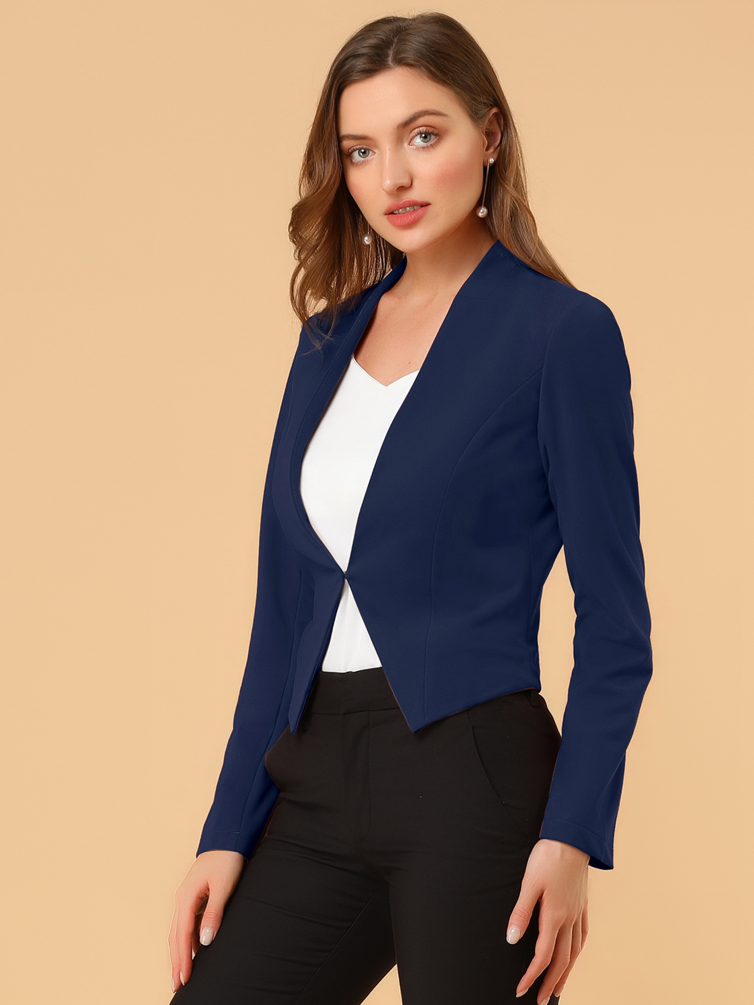 Collarless Solid Color Cropped Office Blazer Jacket Navy/3XL