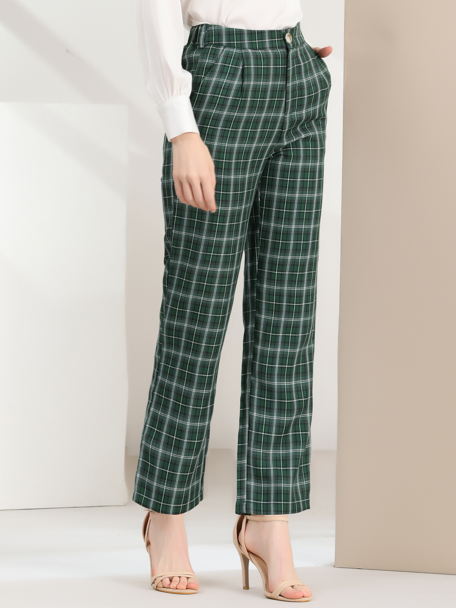 Plaid Elastic Waist Casual Work Office Long Pants Green Black White/3XL