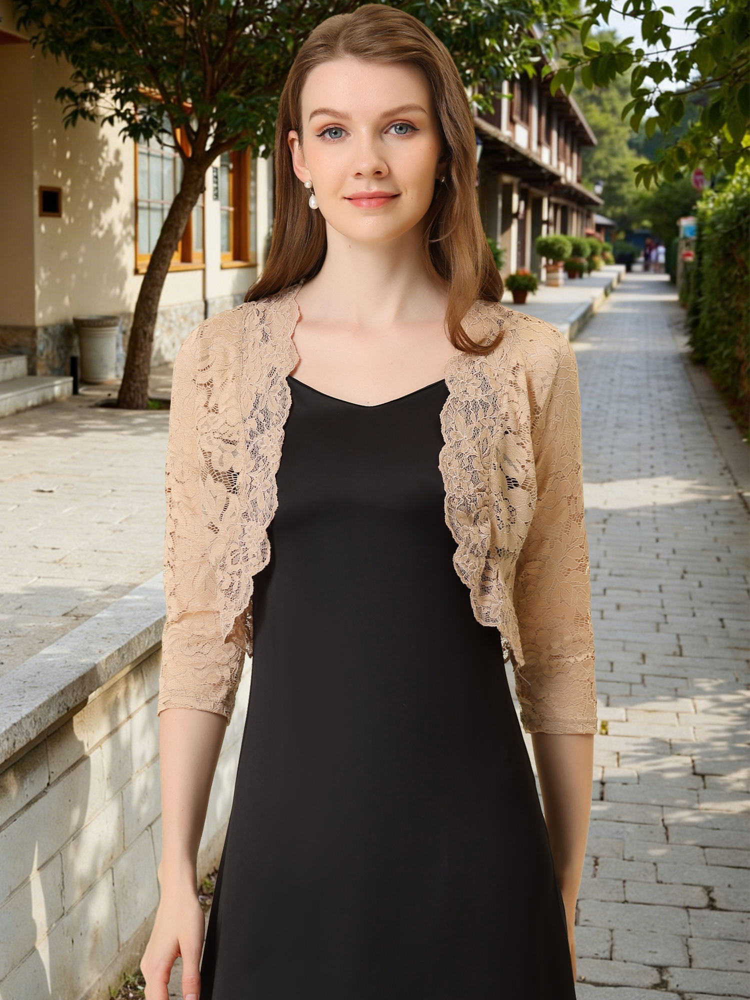 Sheer Floral Elegant 3/4 Sleeve Lace Shrug Khaki/2XL