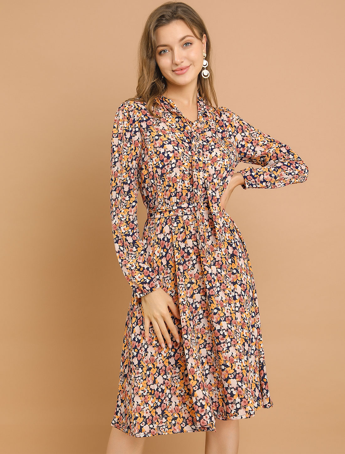 Tie Neck Chiffon Long Sleeve Belted Vintage Floral Dress Yellow/2XL
