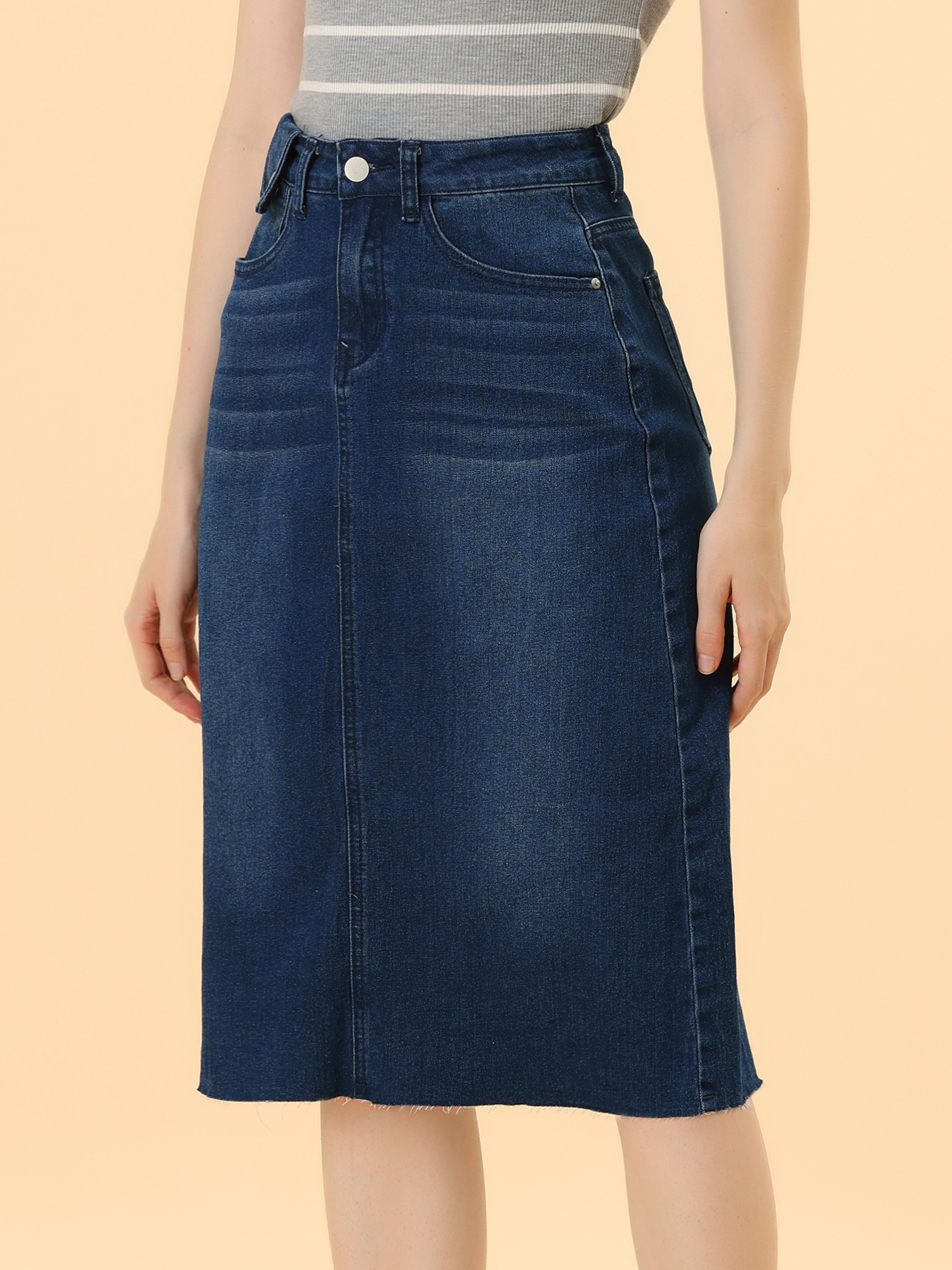 Casual High Waist Back Slit Stretch Denim Midi Jean Skirt Dark Blue/2XL