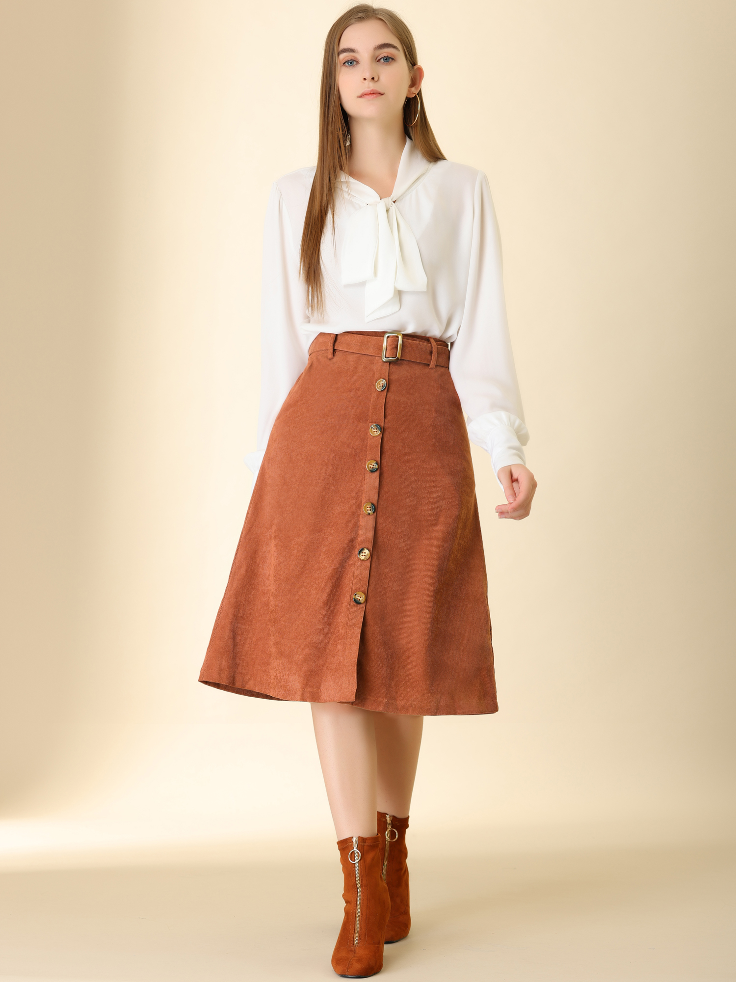 High Waist Button Front Belted Corduroy A-Line Midi Skirt Caramel/3XL