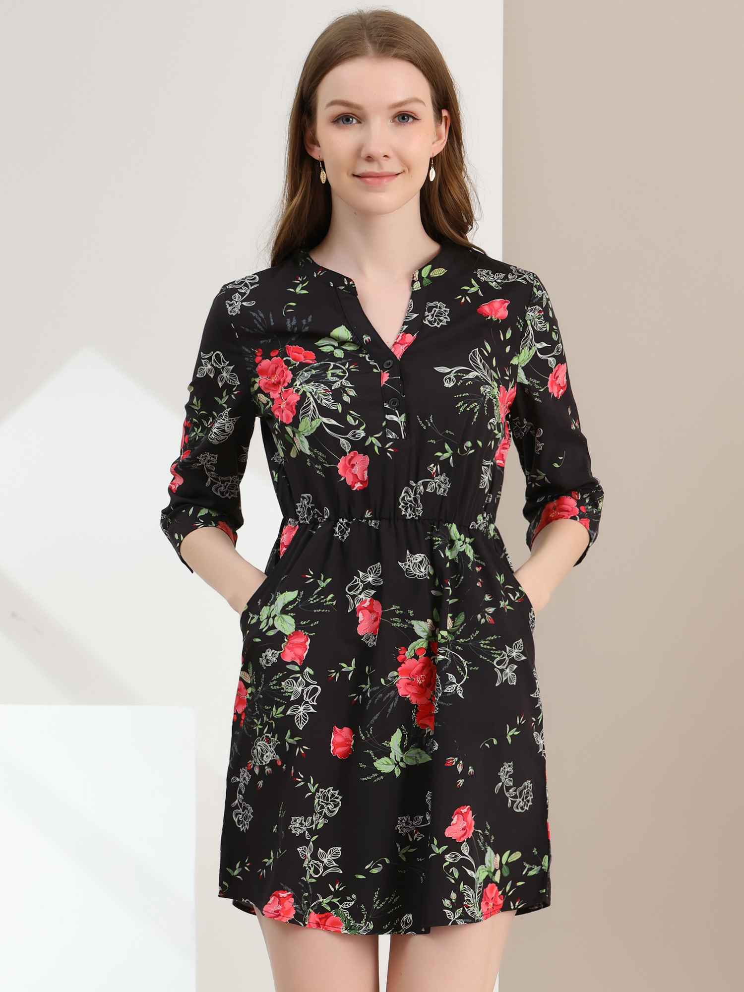 Button-Up V Neck 3/4 Sleeve Floral T-Shirt Dress with Pockets Black Red/S