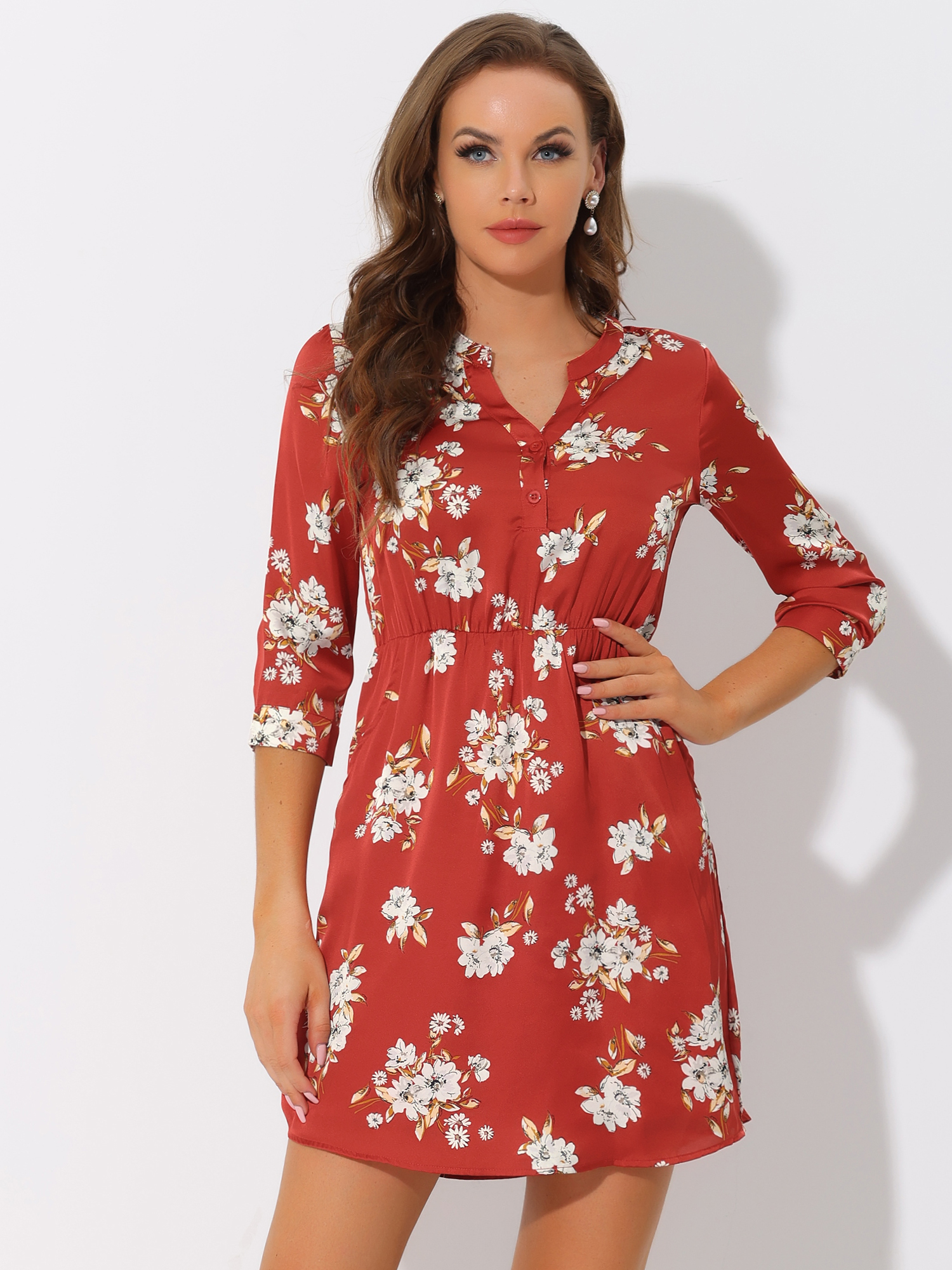 Button-Up V Neck 3/4 Sleeve Floral T-Shirt Dress with Pockets Red/XS