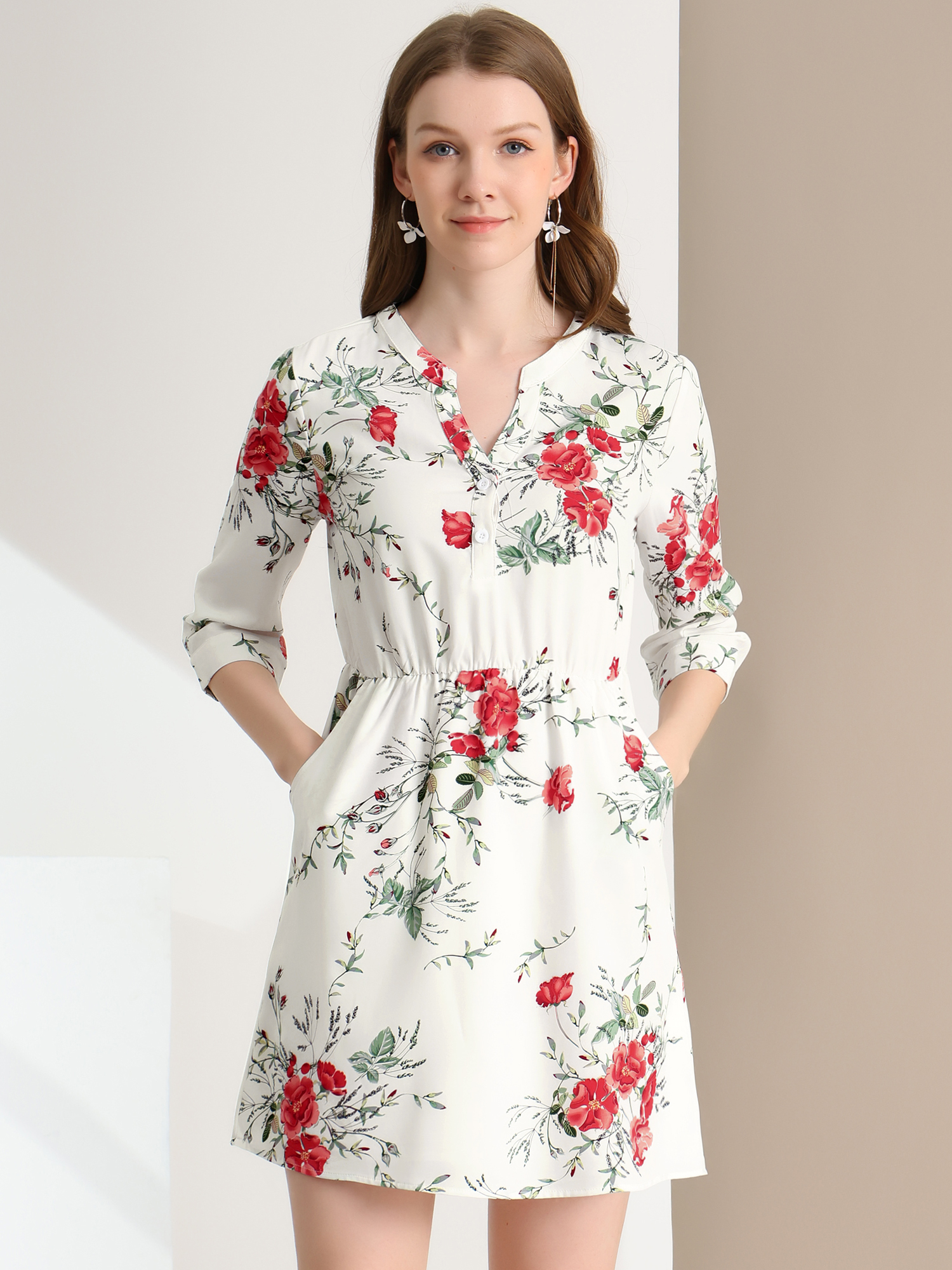 Button-Up V Neck 3/4 Sleeve Floral T-Shirt Dress with Pockets White Red/S
