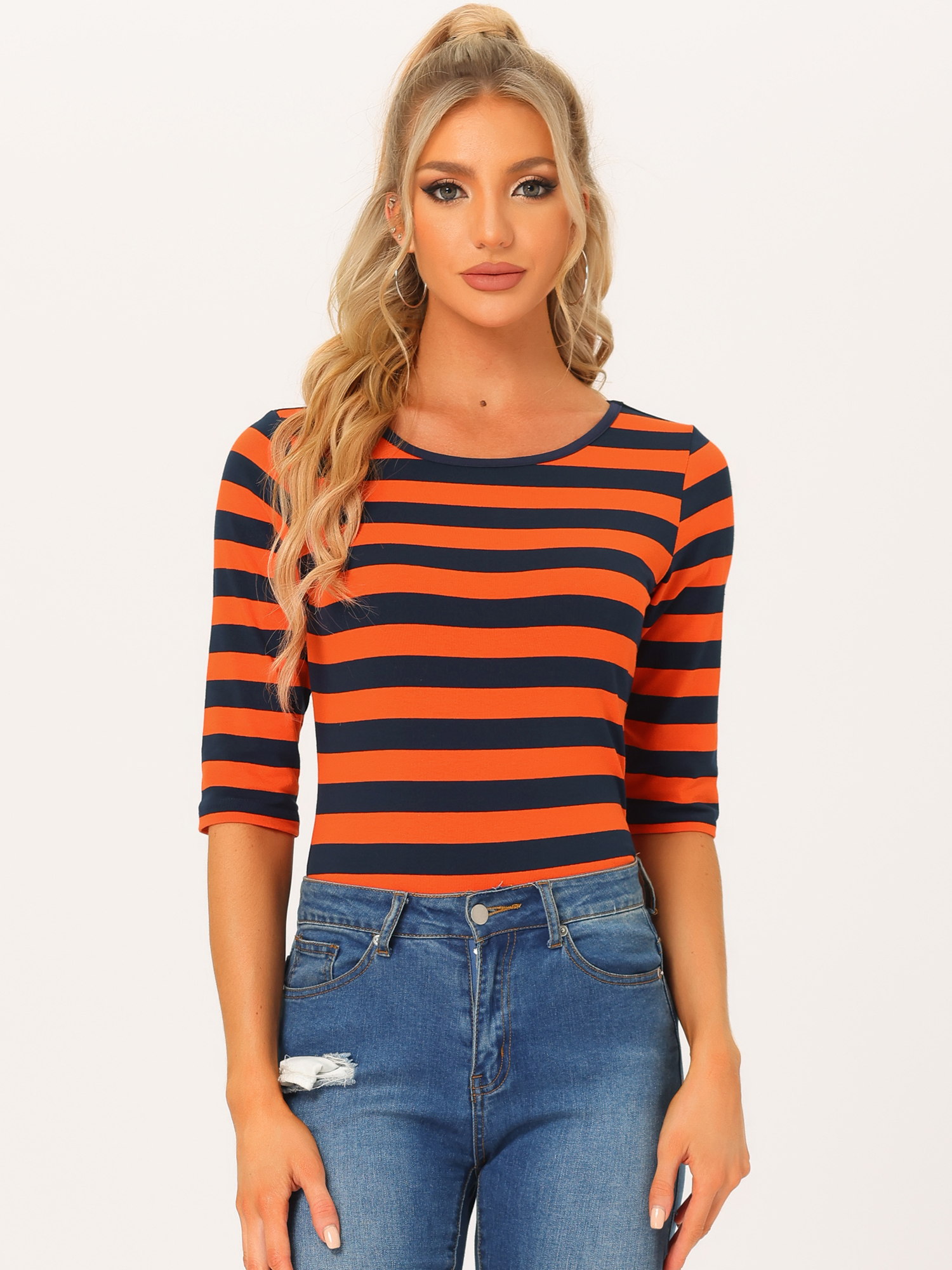 Striped 3/4 Sleeve Round Neck Casual T-Shirt Orange Navy Blue/L