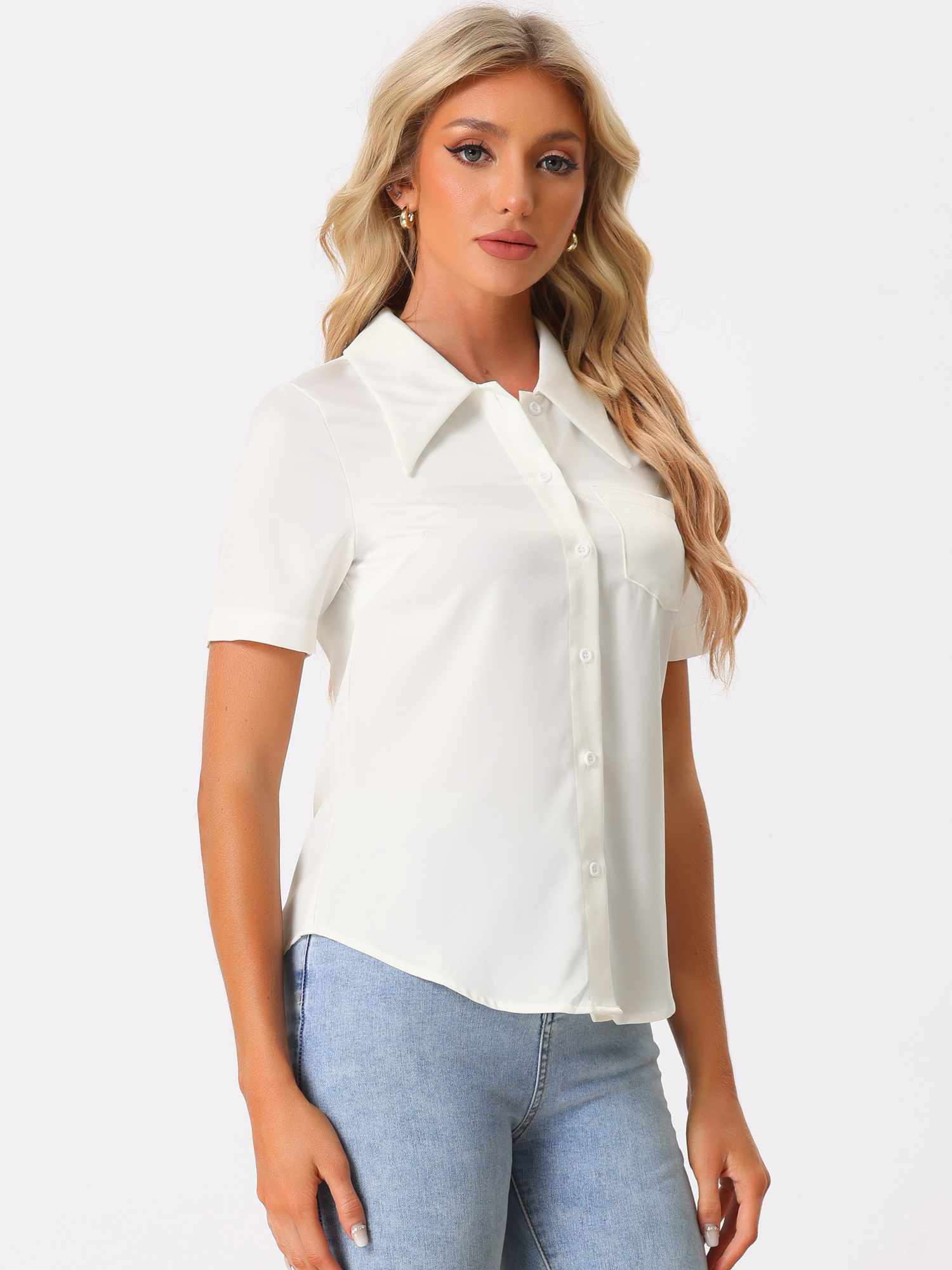 Elegant Collar Short Sleeve Work Office Button Down Satin Blouse Shirt White/M