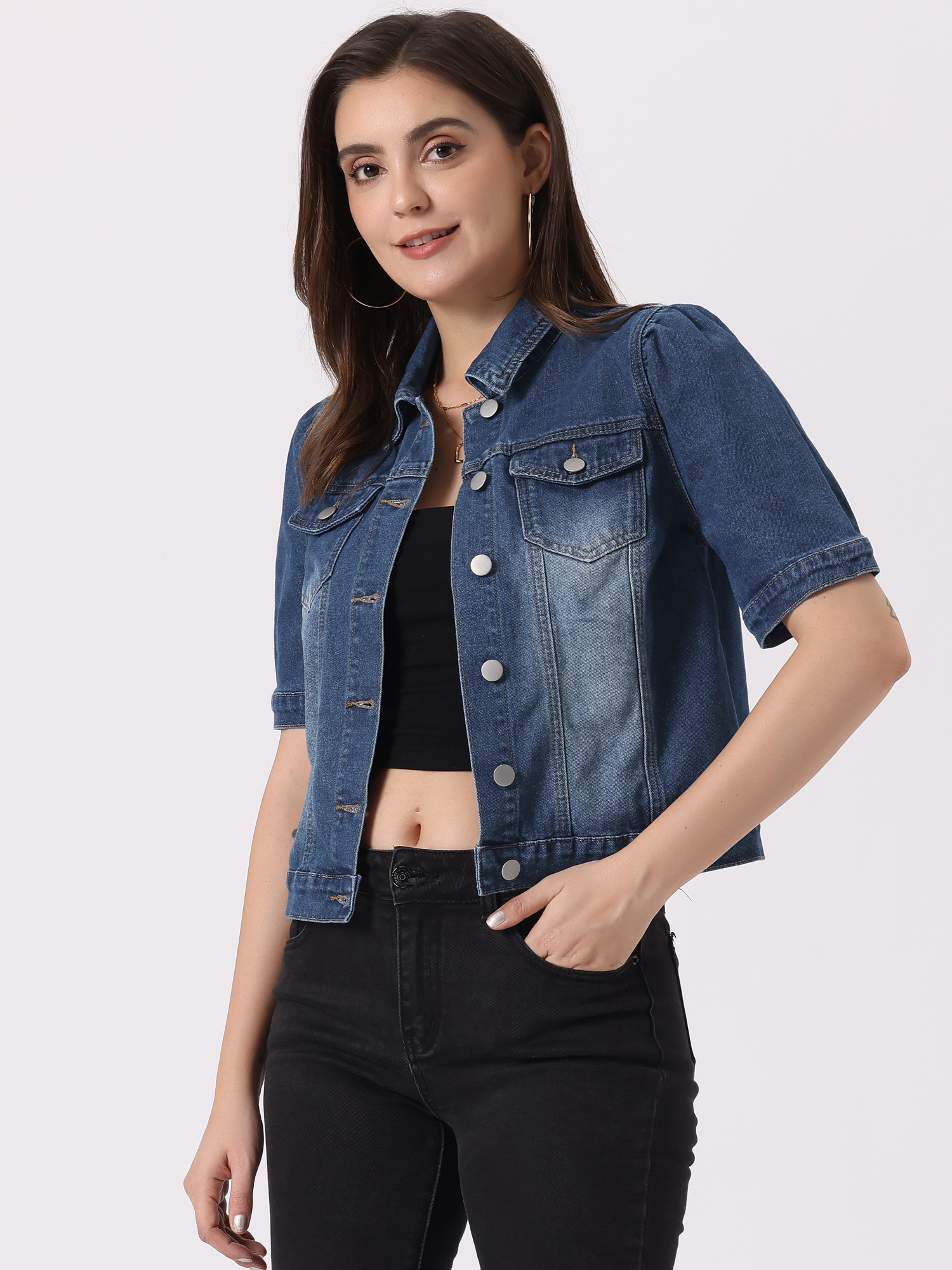 Casual Short Puff Sleeves Button-Down Jean Denim Jacket Blue/M