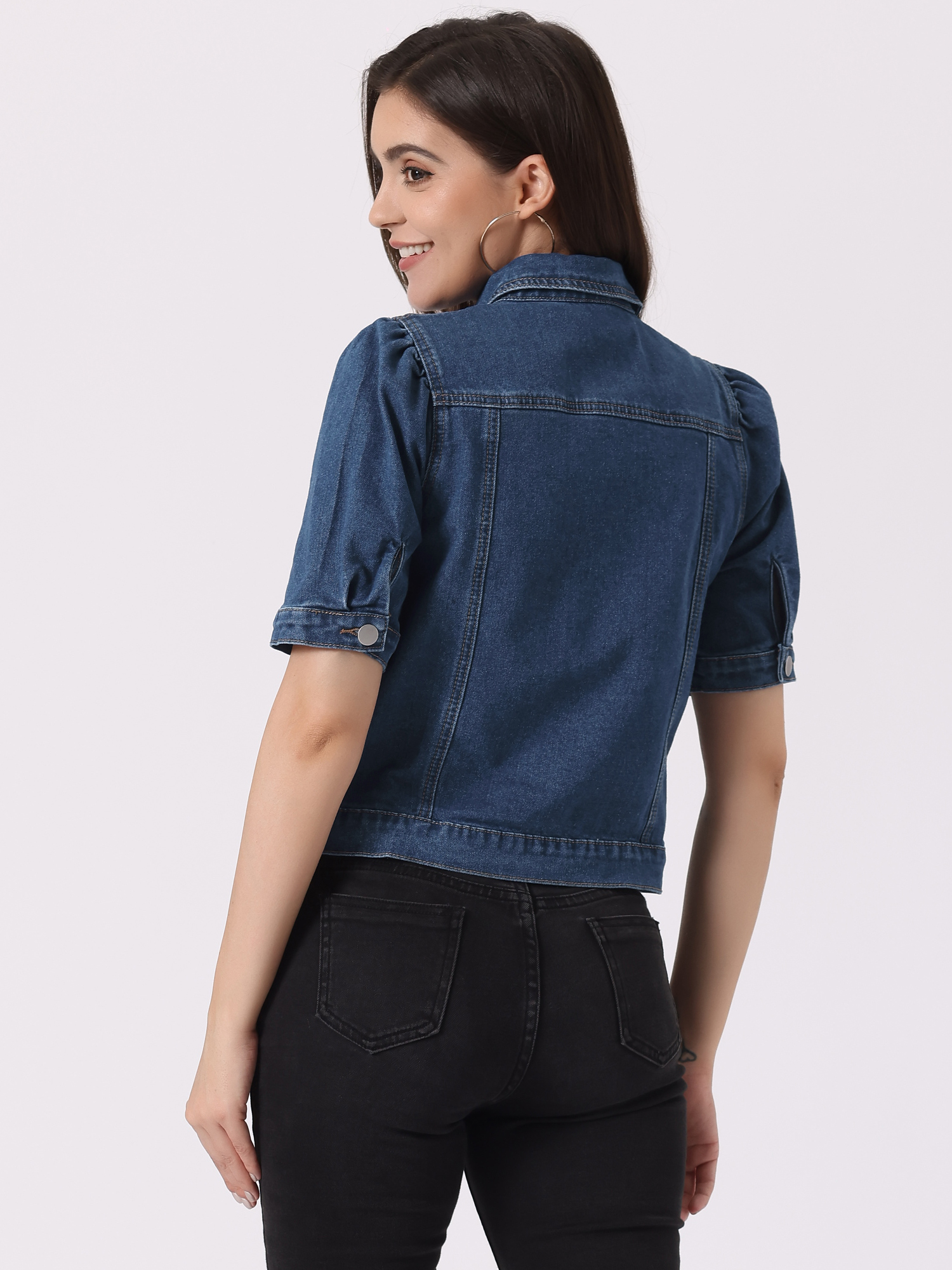 Casual Short Puff Sleeves Button-Down Jean Denim Jacket Blue/XL