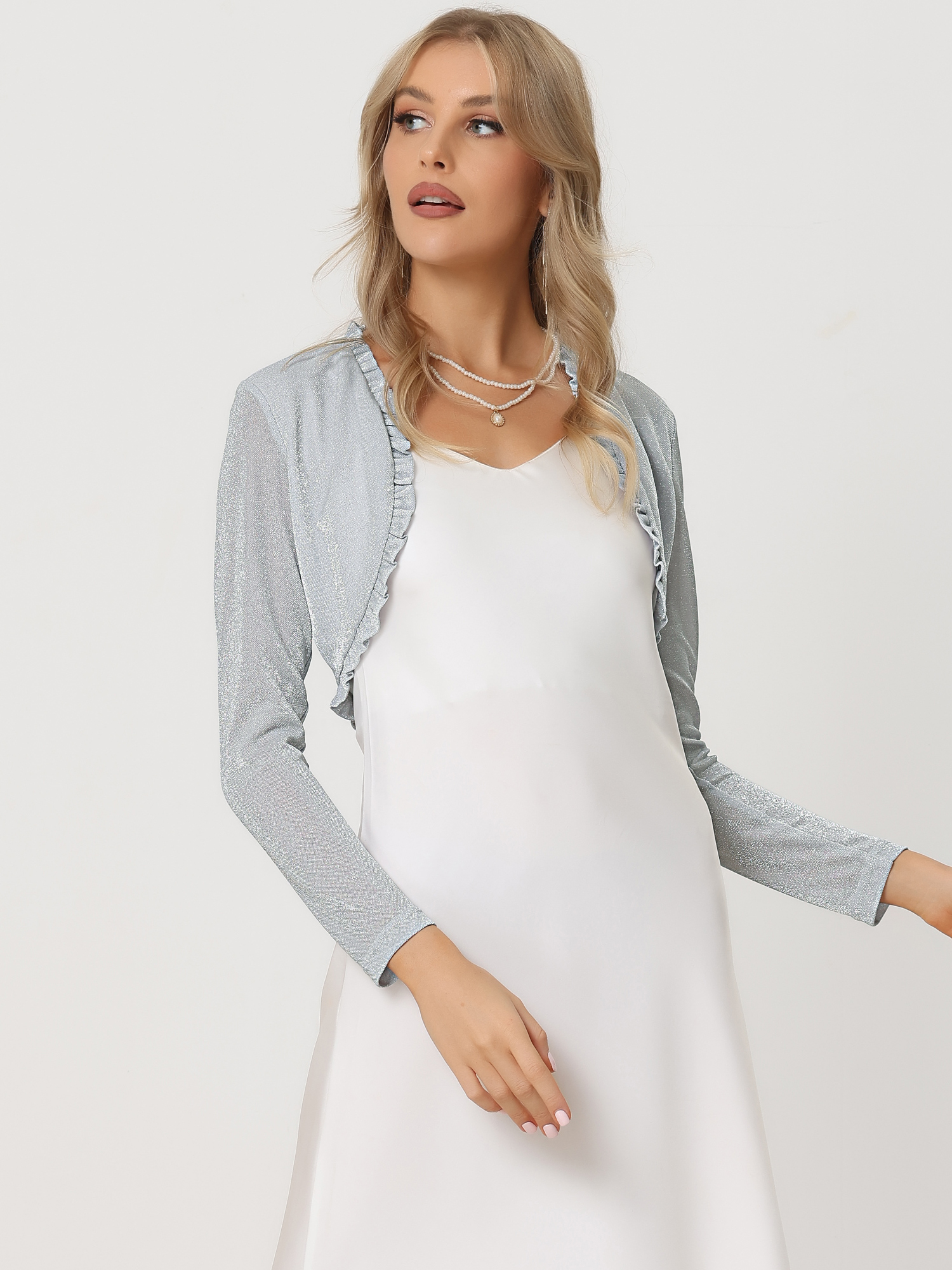 Party Shrugs Long Sleeve Glitter Crop Ruffle Bolero Shrug Silver/L