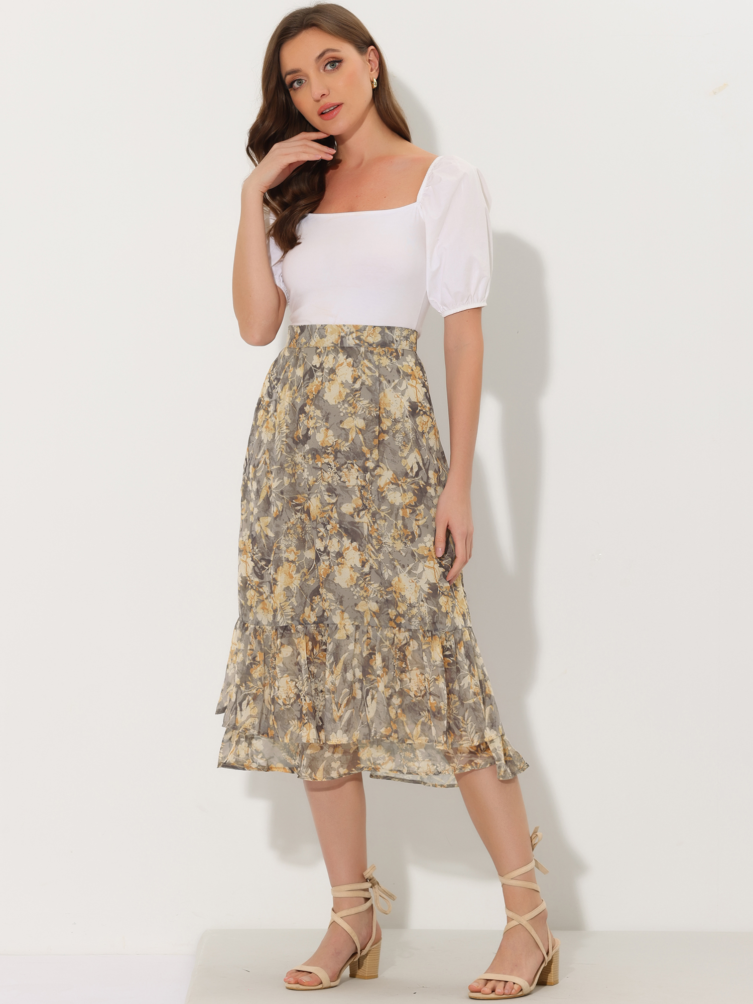 Printed Chiffon Elastic Waist Ruffle Tiered Flowy Midi Skirt Light Grey-Floral/S
