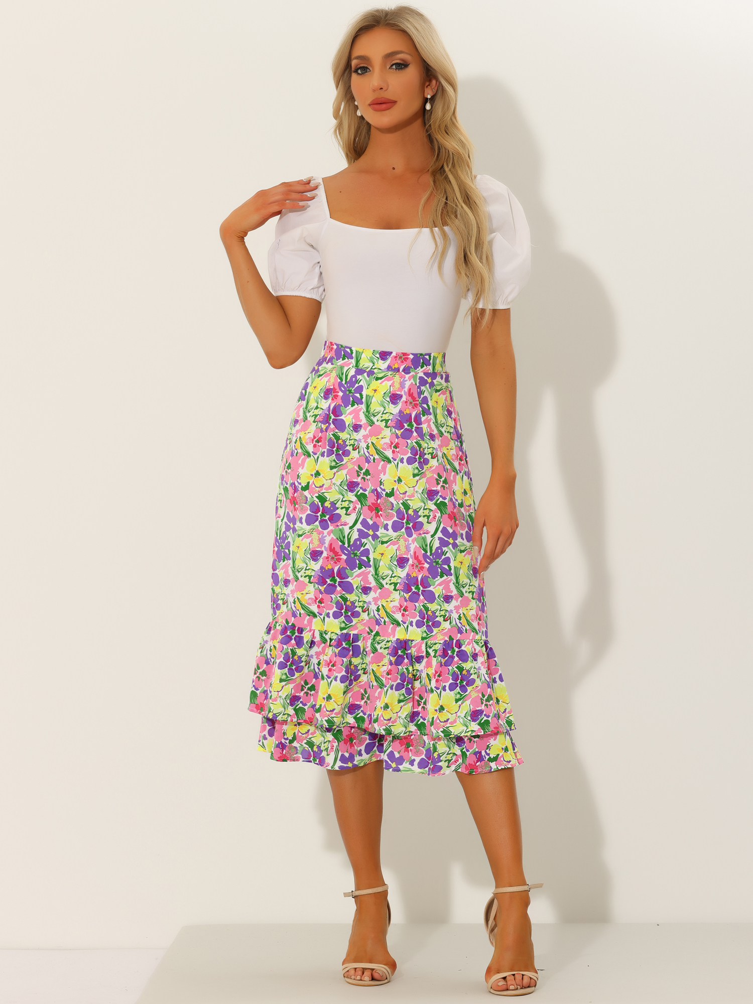 Printed Chiffon Elastic Waist Ruffle Tiered Flowy Midi Skirt Purple Yellow-Floral/L