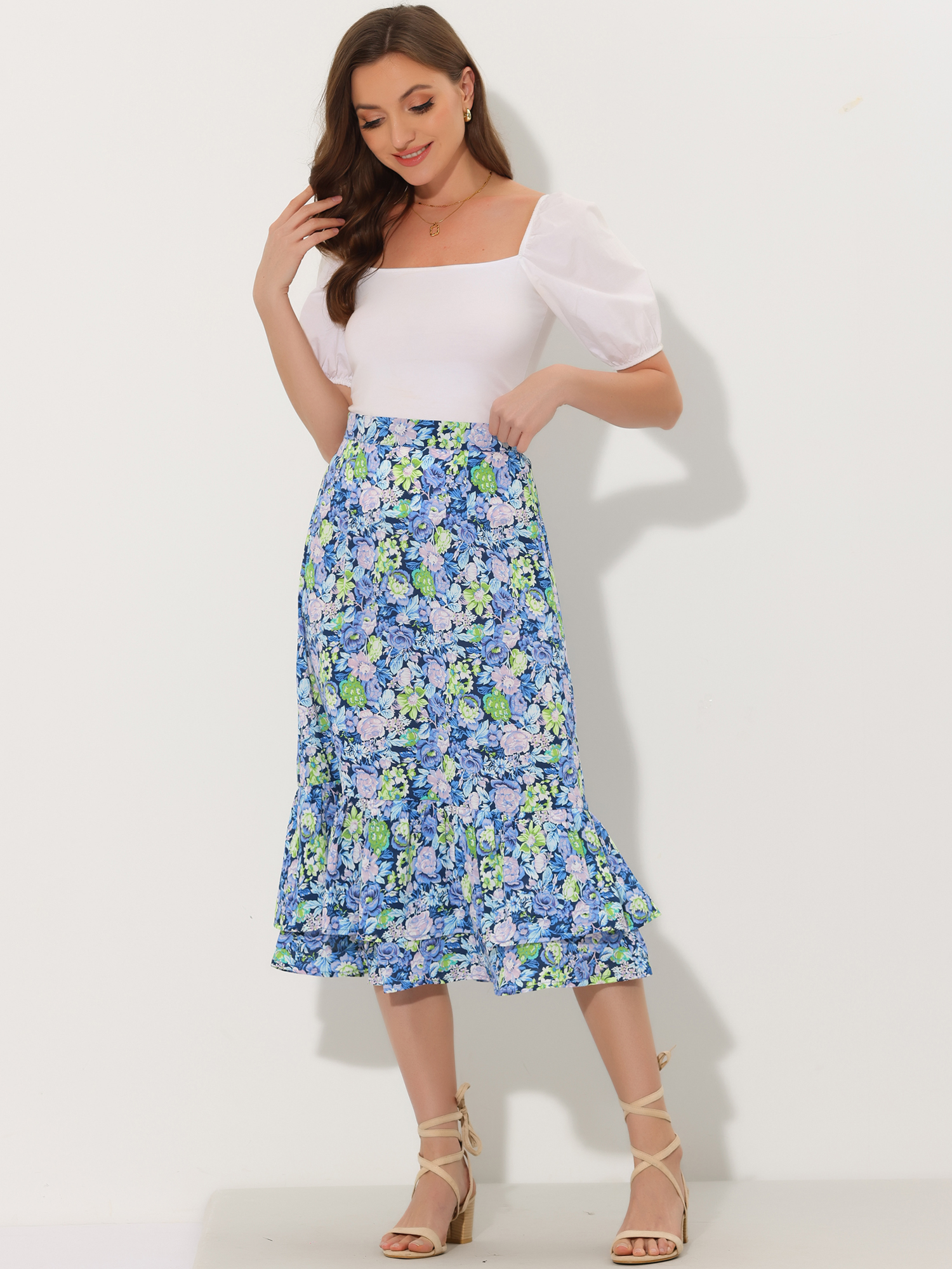 Printed Chiffon Elastic Waist Ruffle Tiered Flowy Midi Skirt Navy Blue-Floral/M