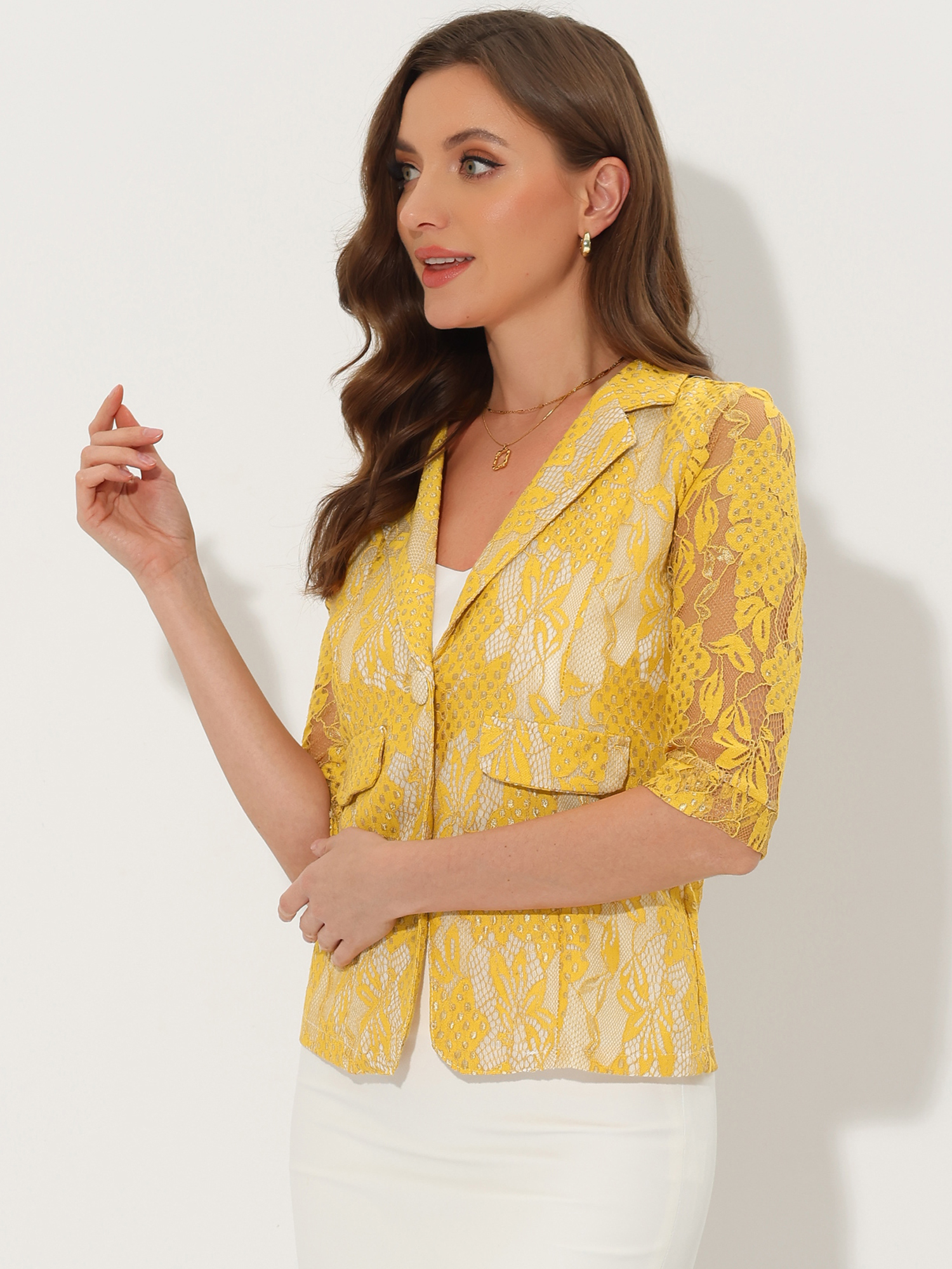 Bussiness Casual Floral Lace 3/4 Sleeve Single Button Blazer Yellow/L