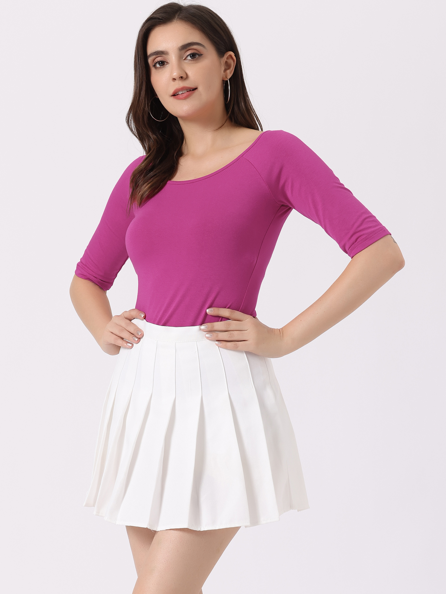 Scoop Neck Half Sleeves Fitted Layering Soft T-Shirt Purplish Red/2XL