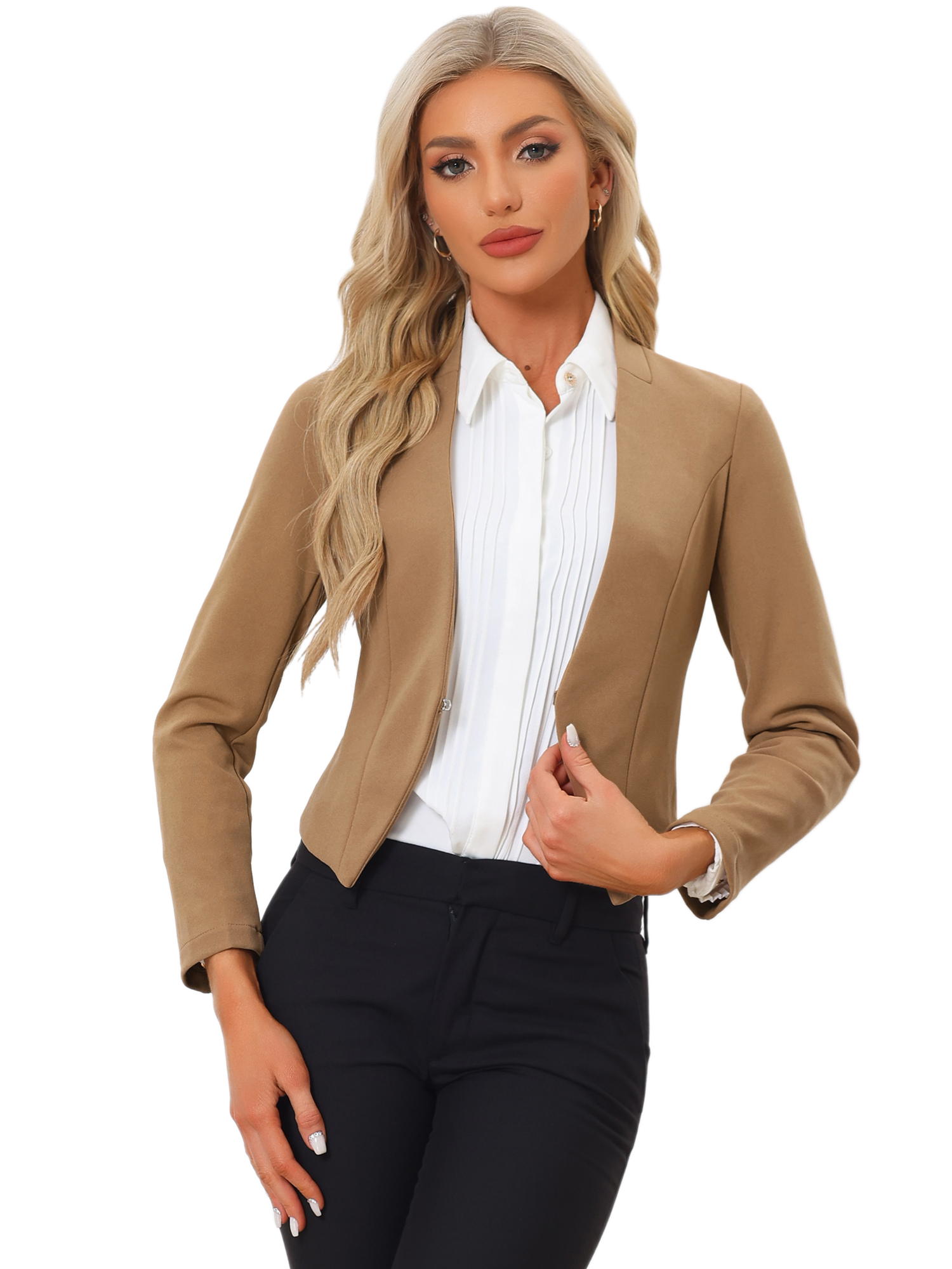Solid Color Collarless Cropped Office Blazer Jacket Deep Khaki/XS