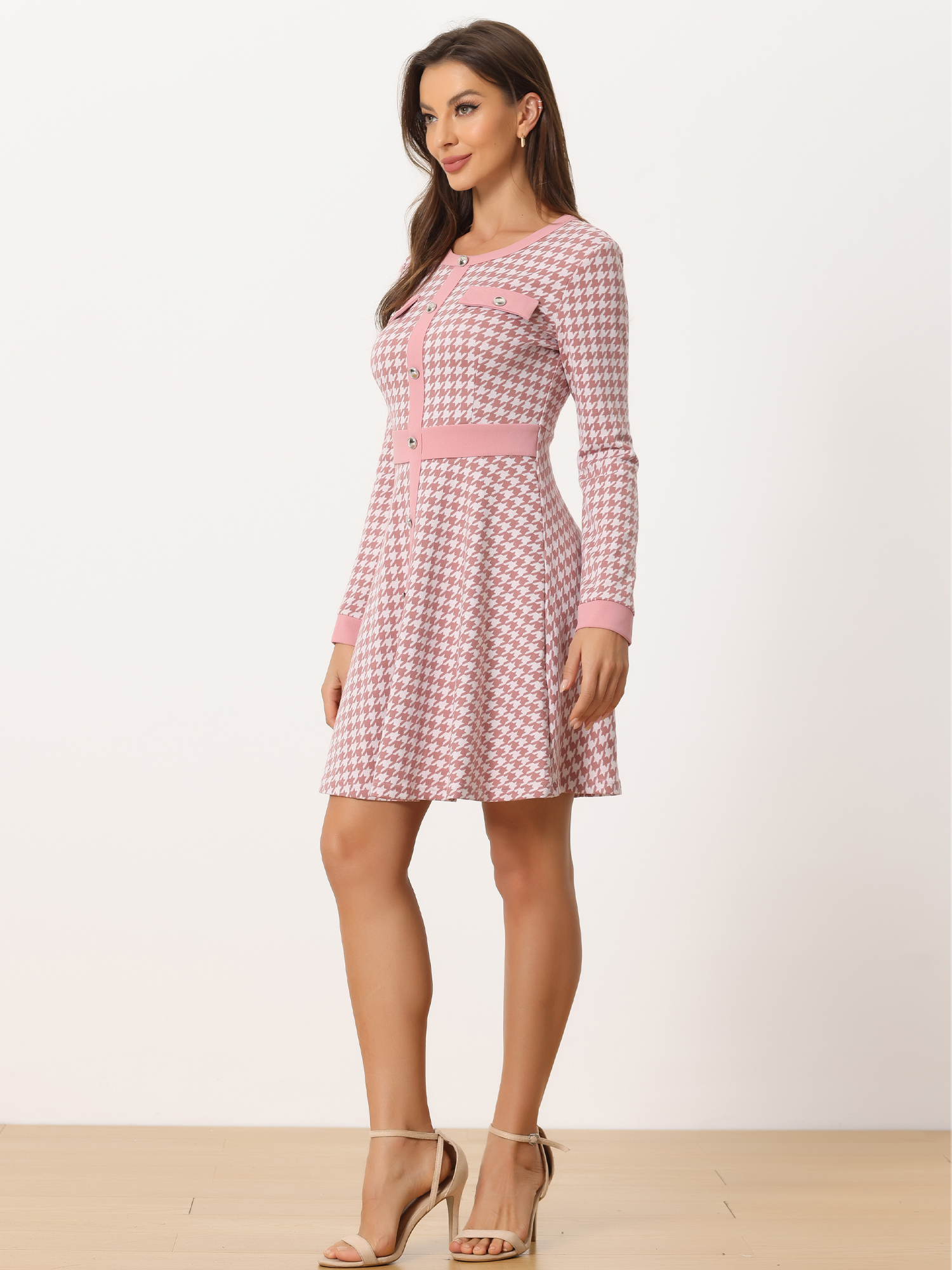 Houndstooth Plaid Contrast Color Crew Neck Button A-Line Dress Pink/XS