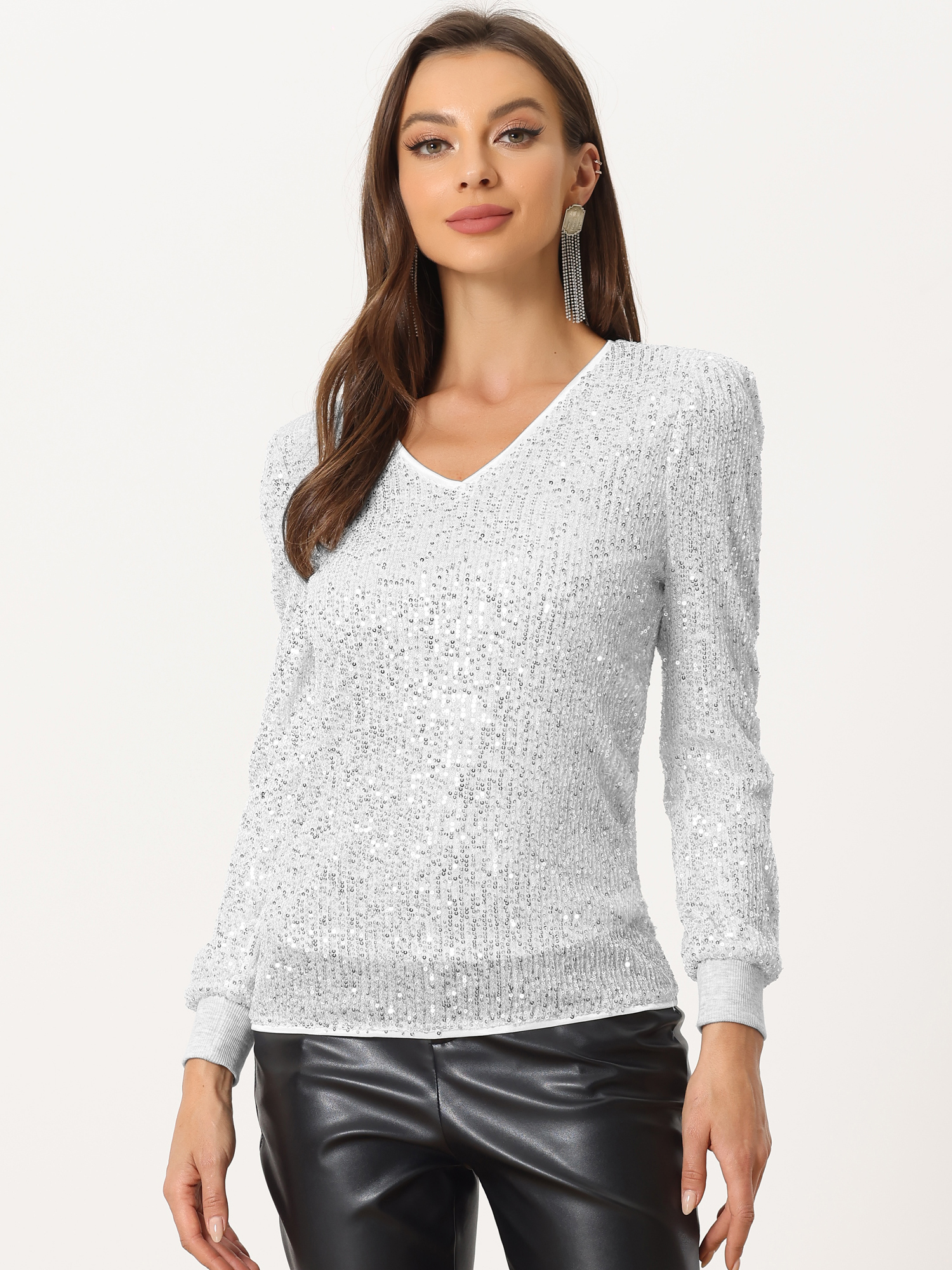 Sequin Top V Neck Party Metallic Sparkly Blouse Silver/S