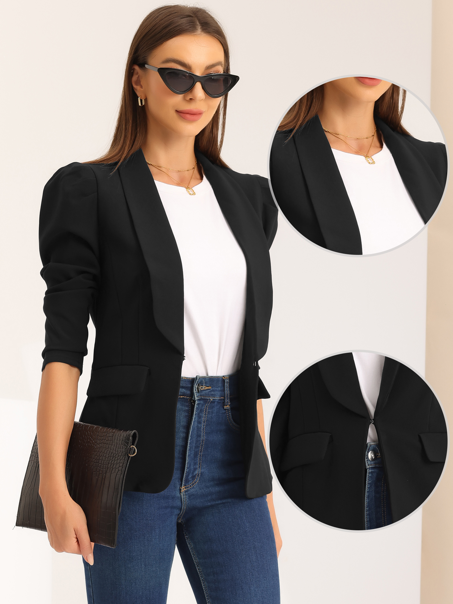 Work Office Casual Open Front Puff Sleeve Suit Blazer Black/M