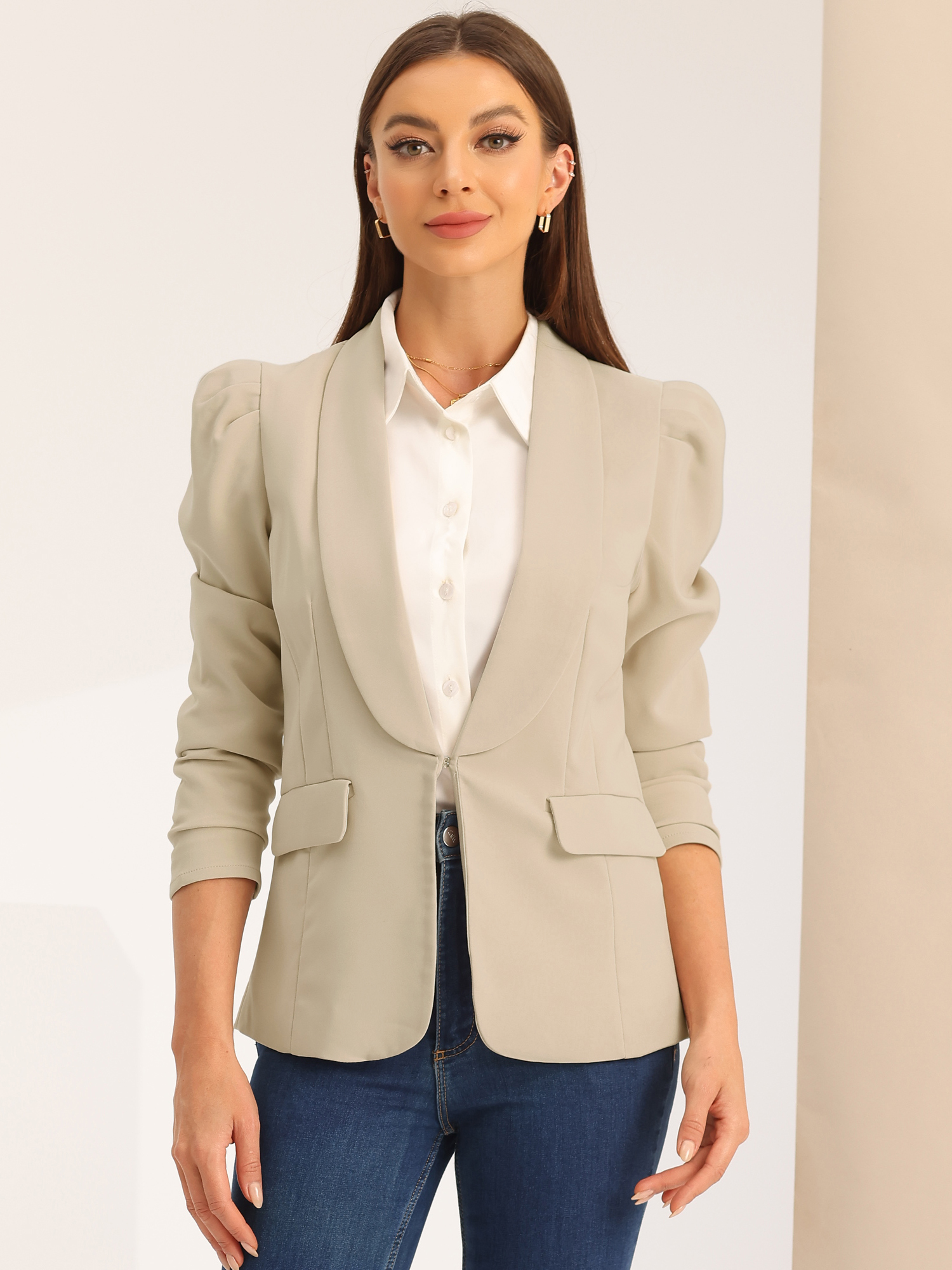 Work Office Casual Open Front Puff Sleeve Suit Blazer Beige/XL