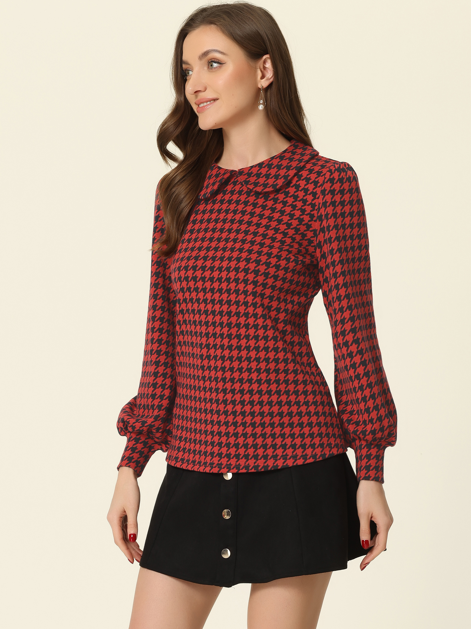 Peter Pan Collar Houndstooth Plaid Long Sleeve Button Back Blouse Red/M