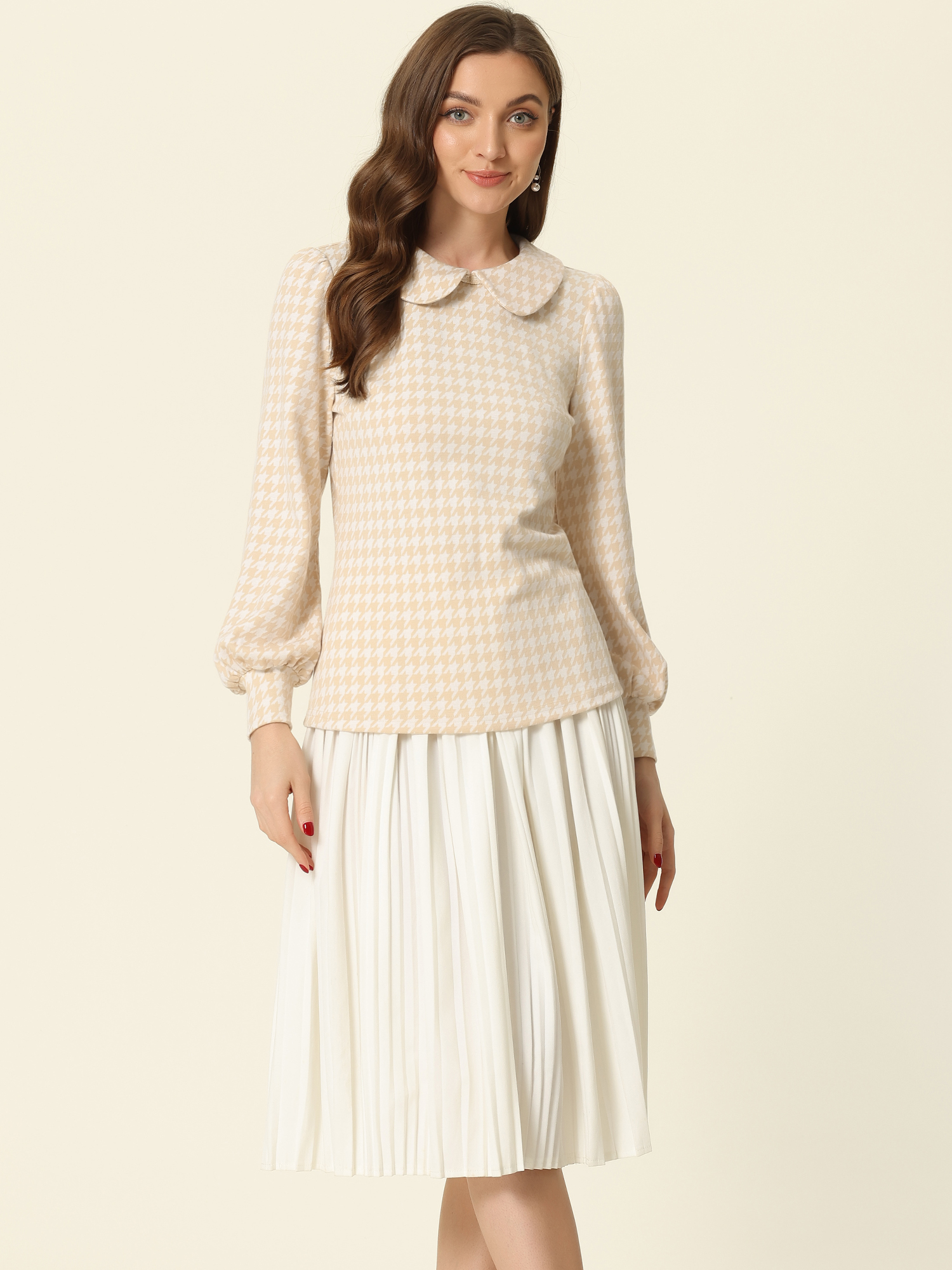 Peter Pan Collar Houndstooth Plaid Long Sleeve Button Back Blouse Khaki/S