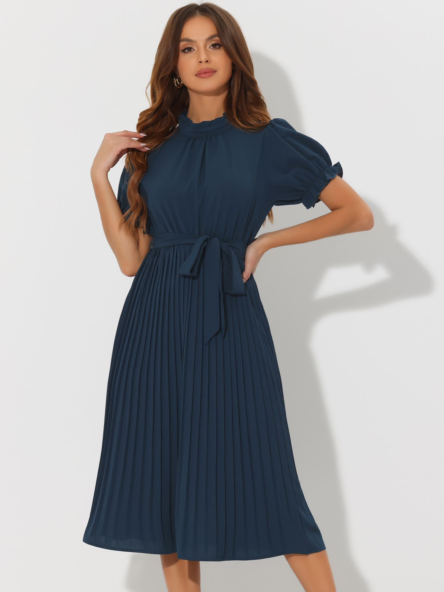 Women's Retro Ruffled Collar Short Sleeve A-Line Pleated Dress Dark Blue/M