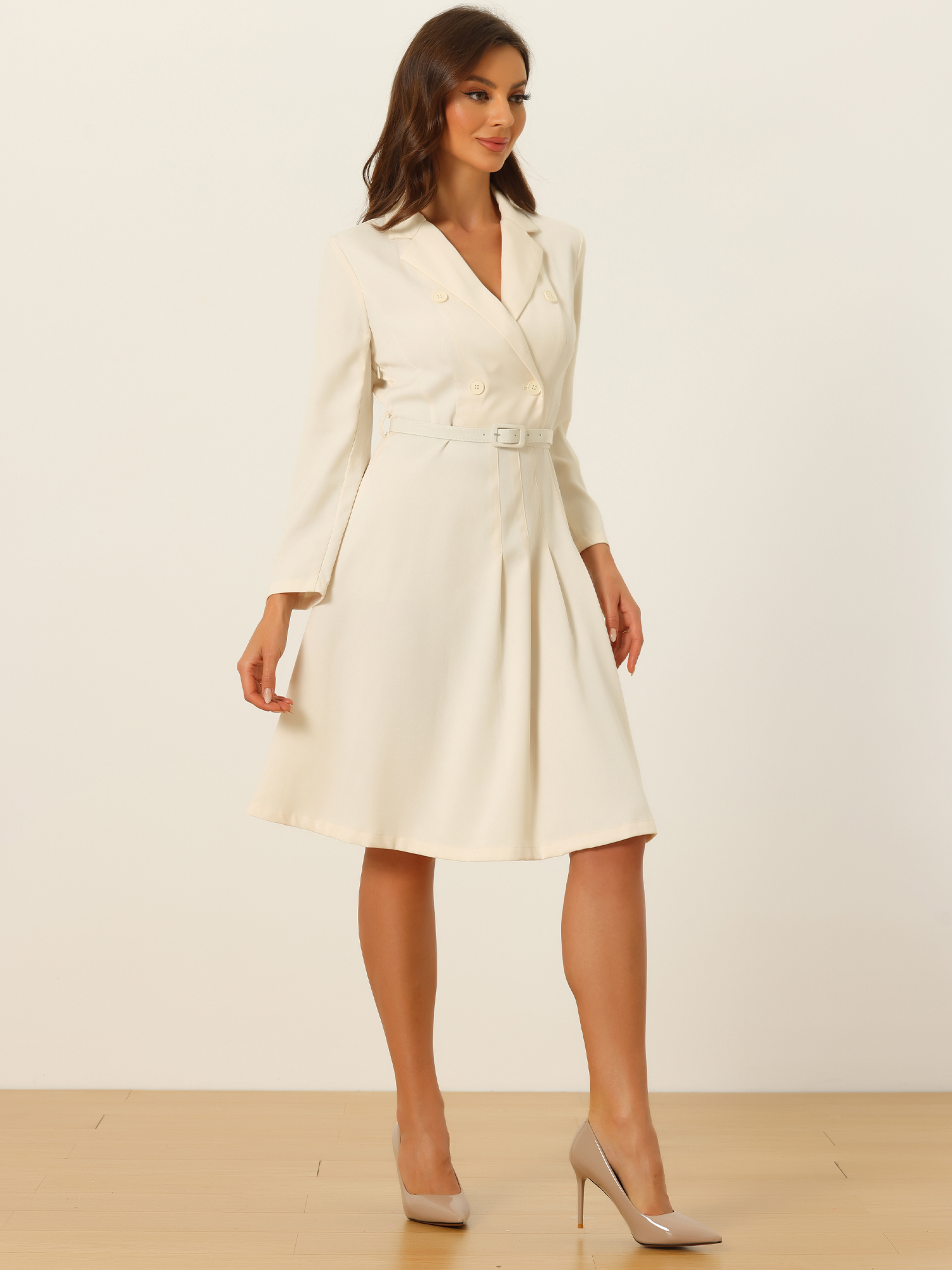 Work Elegant Notched Collar Belted Pleated Button Blazer Dress Apricot/XL