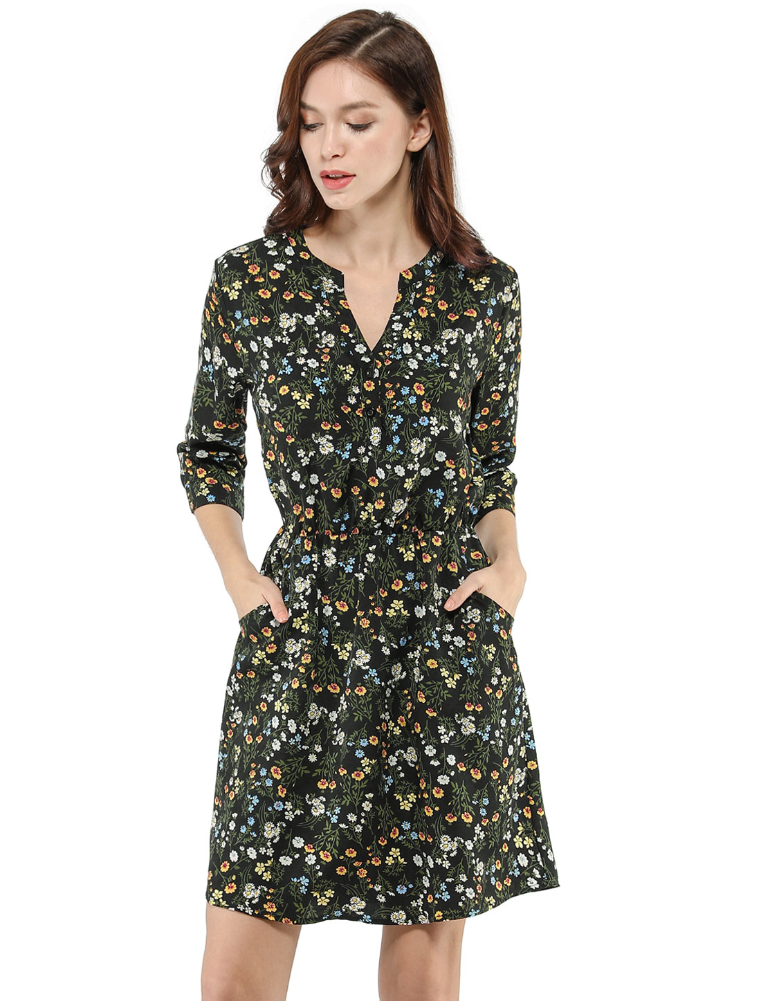 Button-Up V Neck 3/4 Sleeve Floral T-Shirt Dress with Pockets Black Floral/XS