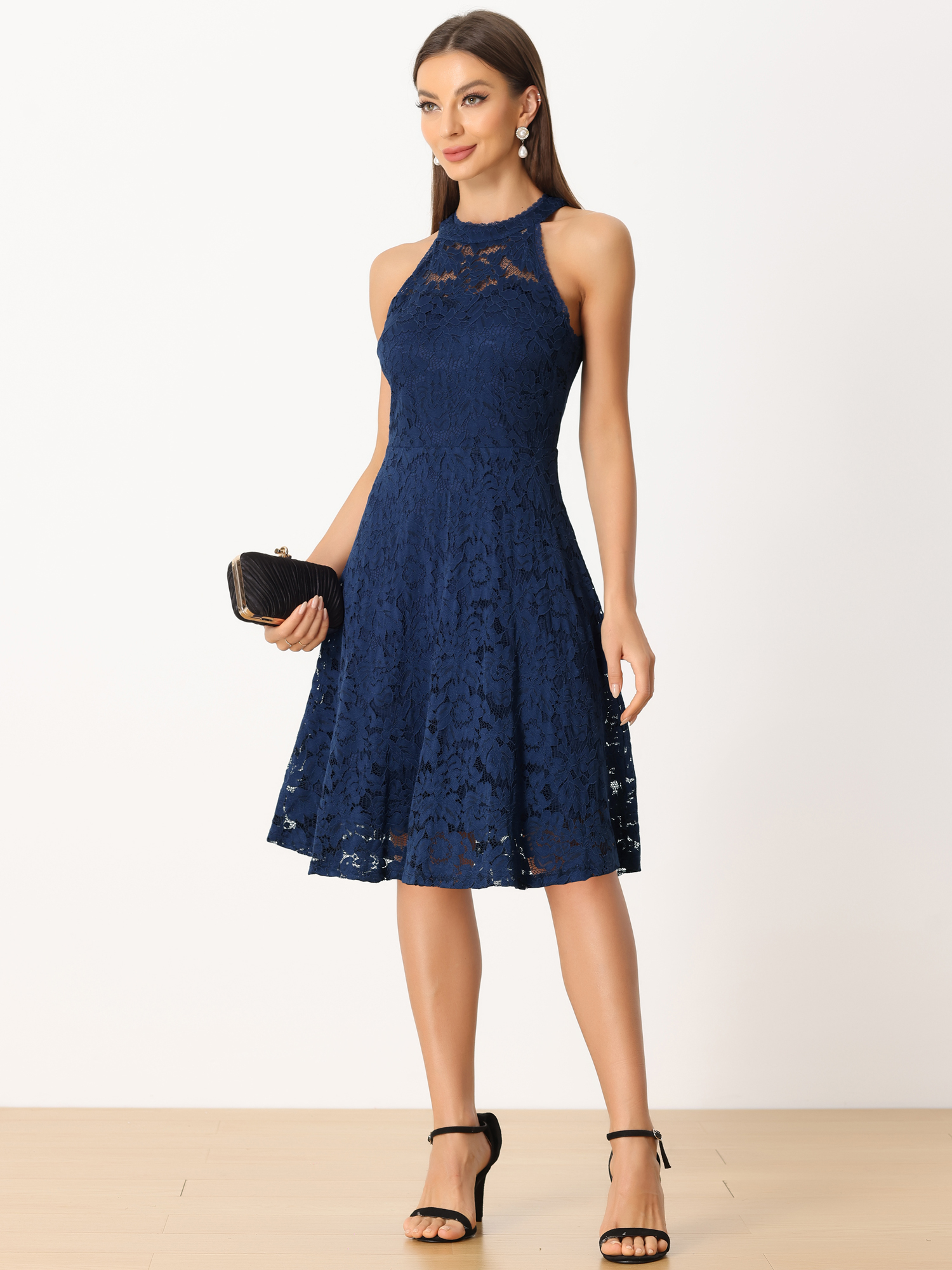 Lace Halter Neck Sleeveless Elegant Cocktail A-Line Dress Dark Blue/XS