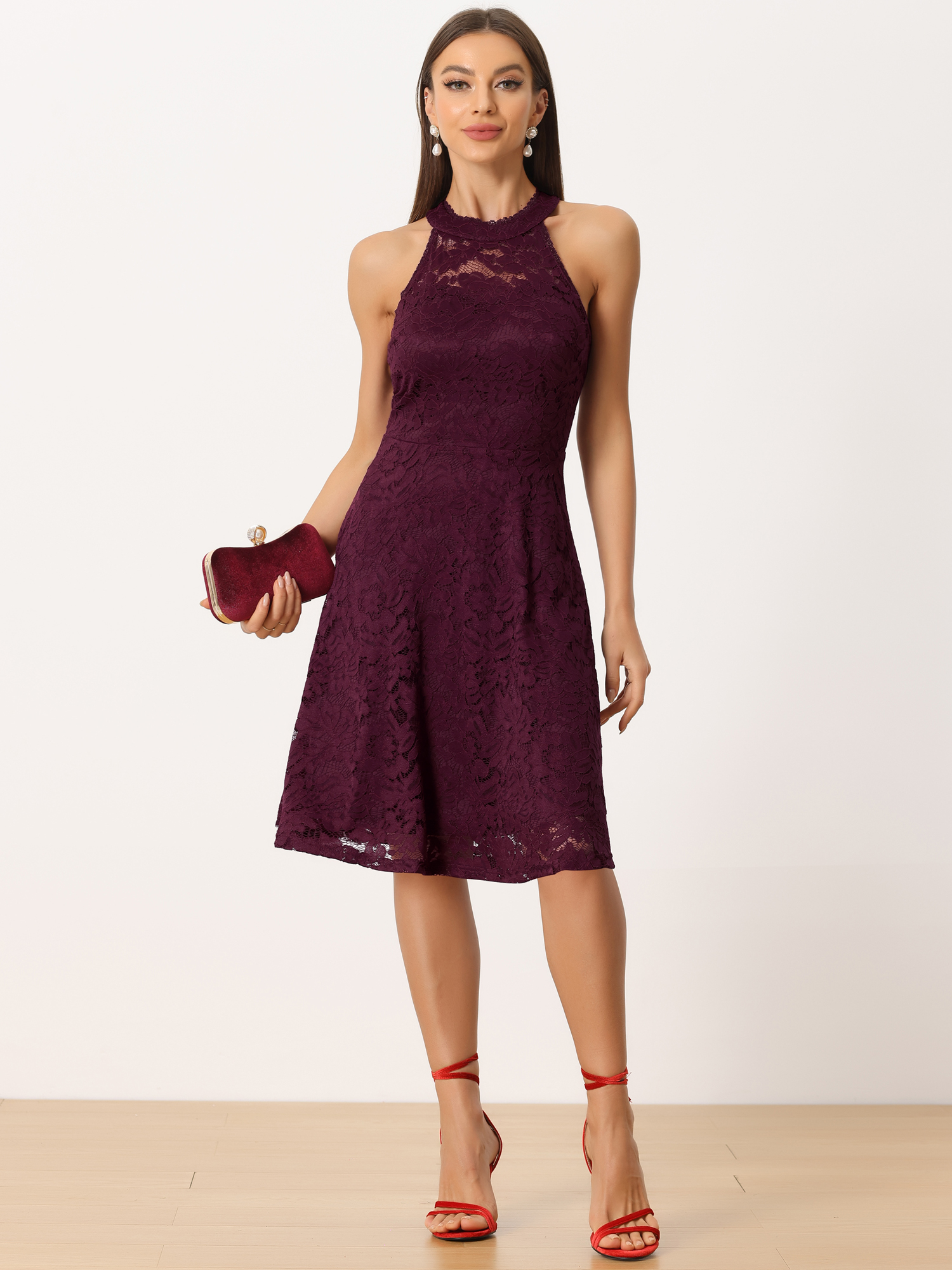 Lace Halter Neck Sleeveless Elegant Cocktail A-Line Dress Burgundy/XS