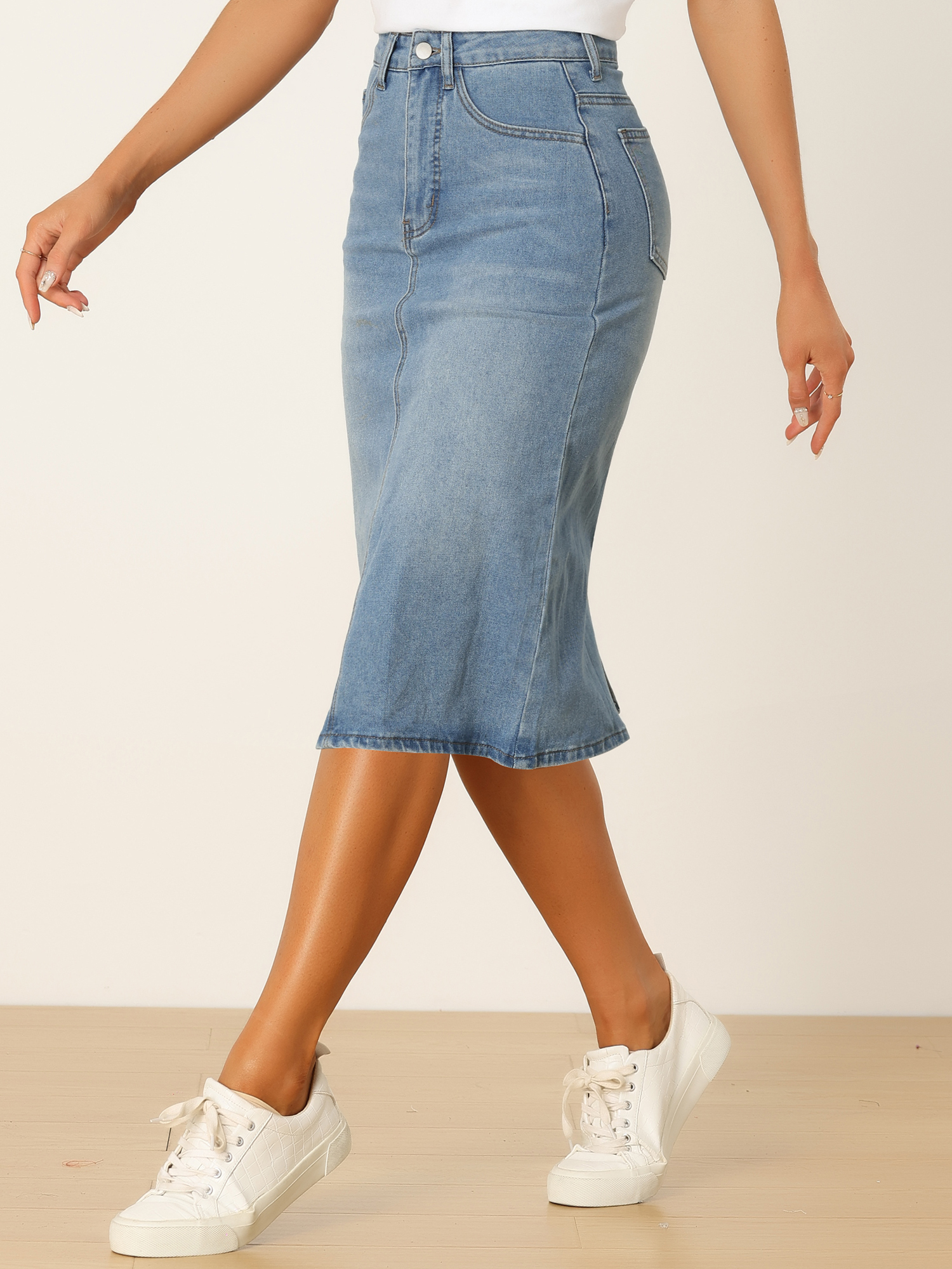 Casual Denim High Waist Stretchy Midi Pencil Jean Skirt Light Blue/L