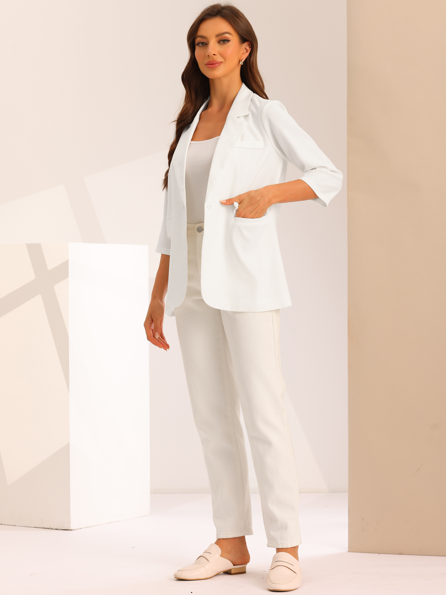 Work Office Stretch Blazer Lapel Collar Dressy Casual Suit Jacket White/L
