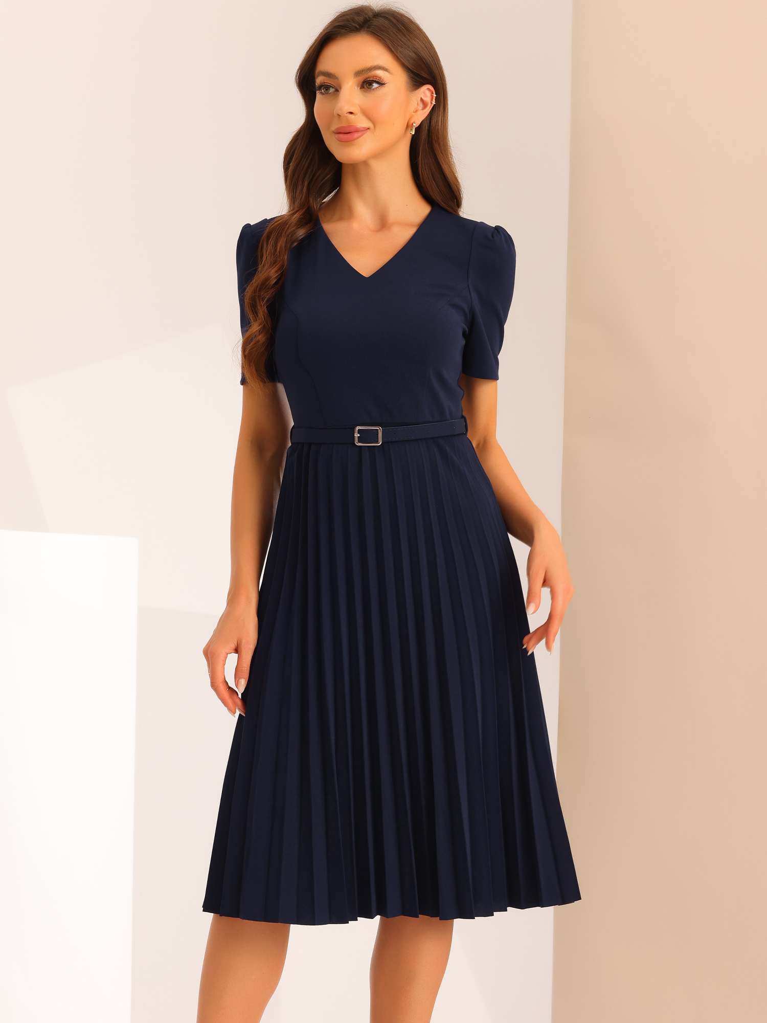 V-Neck Short Sleeve Belted A-Line Pleated Midi Dress Dark Blue/XS